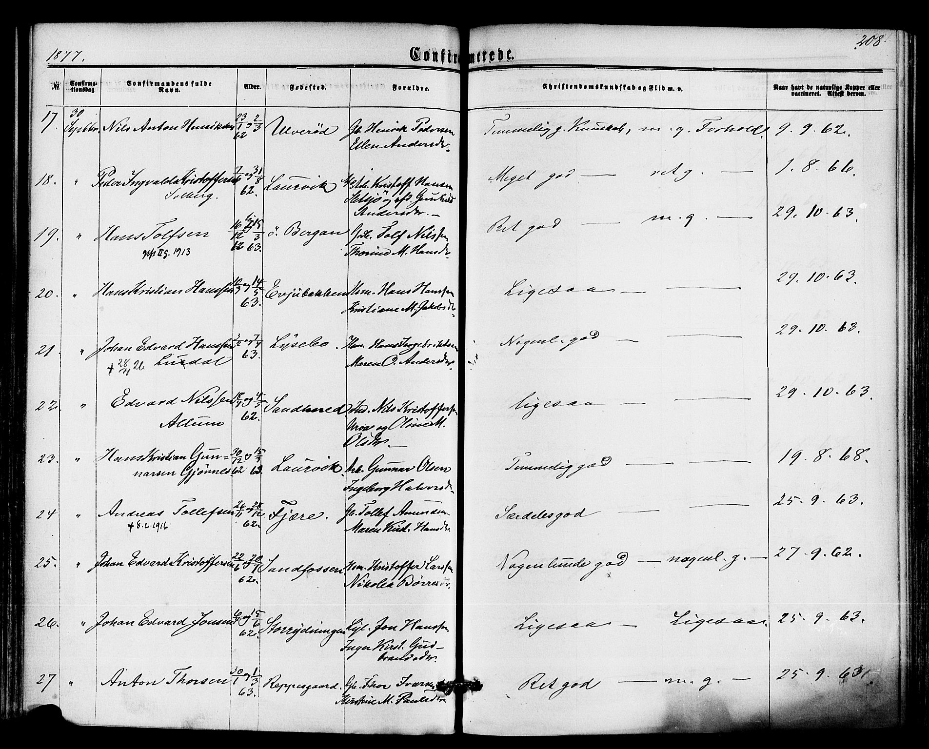 Hedrum kirkebøker, AV/SAKO-A-344/F/Fa/L0008: Parish register (official) no. I 8, 1869-1880, p. 208