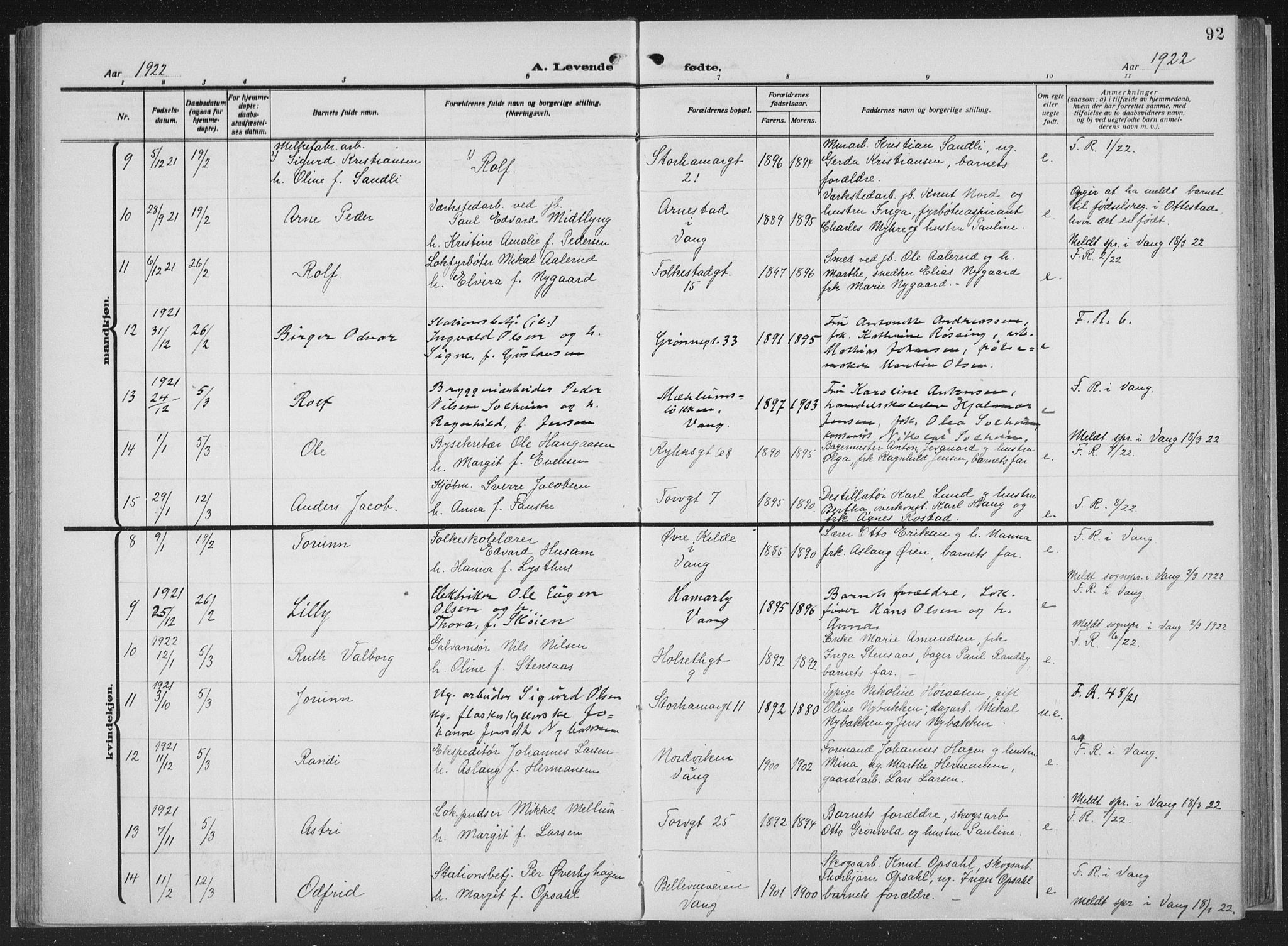 Hamar prestekontor, AV/SAH-DOMPH-002/H/Ha/Haa/L0002: Parish register (official) no. 2, 1915-1936, p. 92