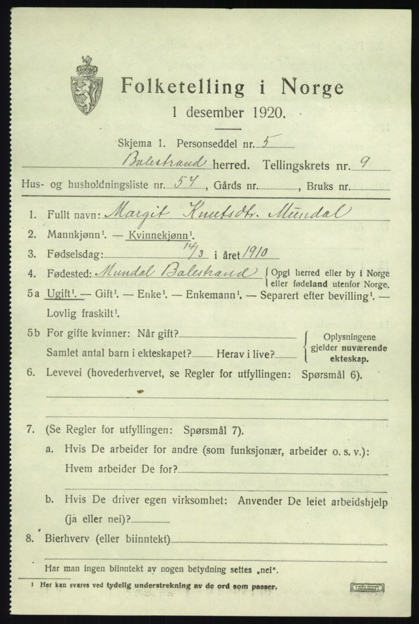 SAB, 1920 census for Balestrand, 1920, p. 4612
