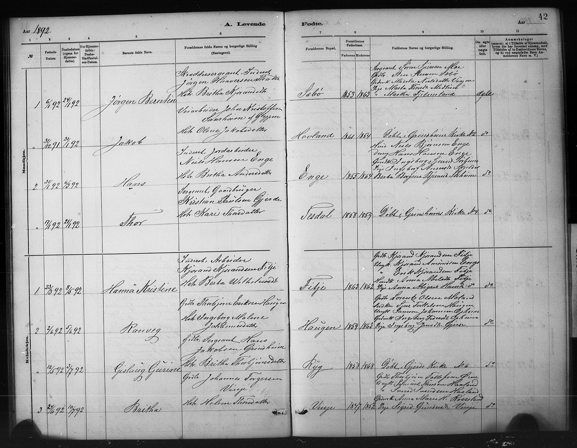 Etne sokneprestembete, SAB/A-75001/H/Hab: Parish register (copy) no. A 5, 1879-1896, p. 42