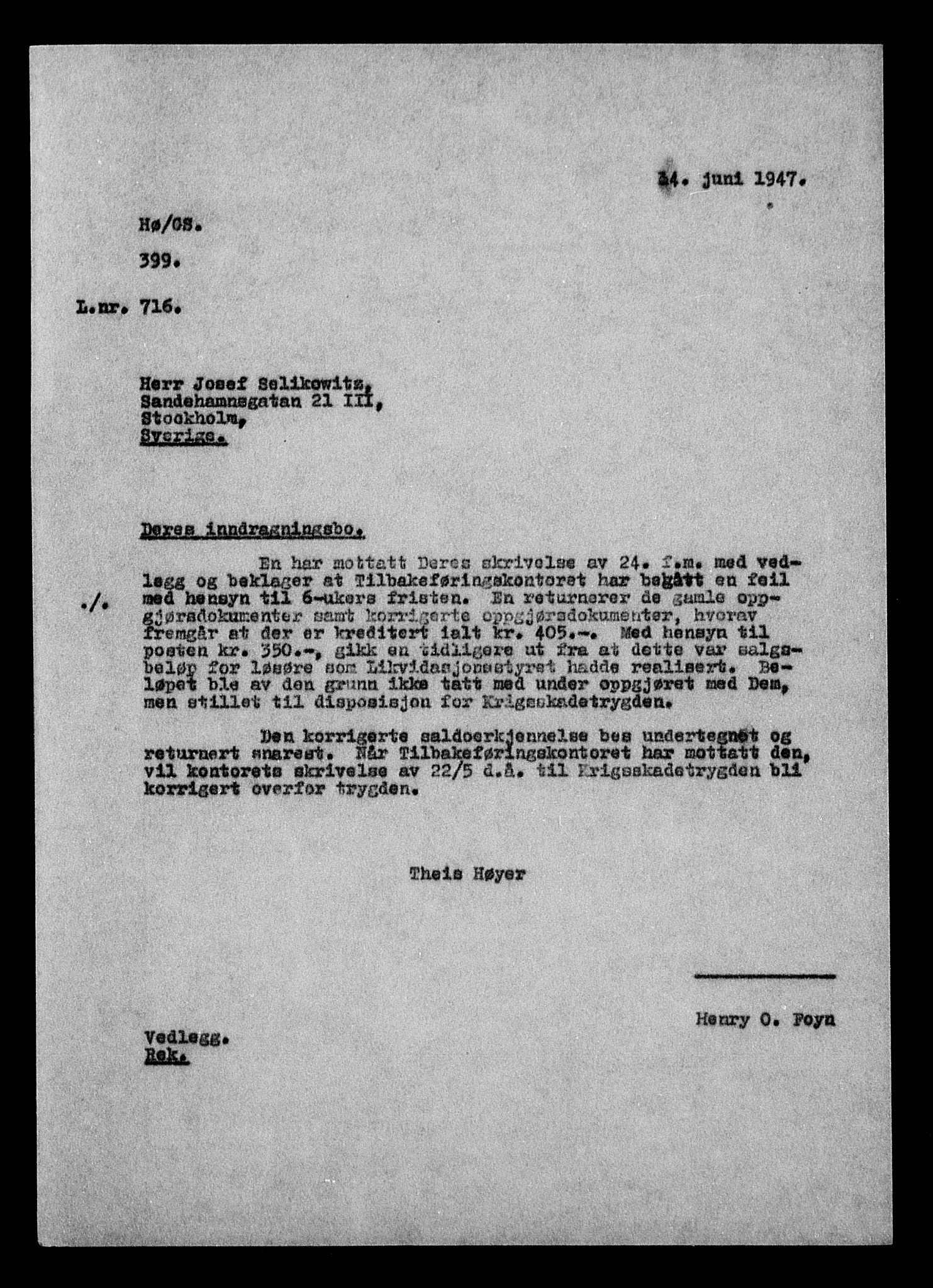 Justisdepartementet, Tilbakeføringskontoret for inndratte formuer, AV/RA-S-1564/H/Hc/Hcc/L0981: --, 1945-1947, p. 7