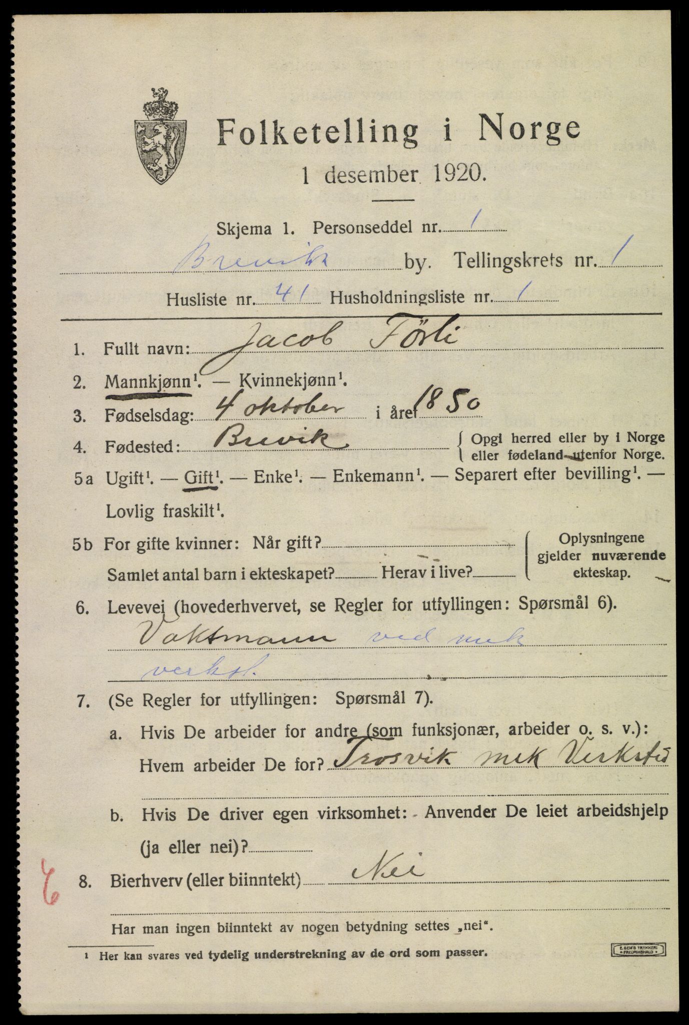 SAKO, 1920 census for Brevik, 1920, p. 2690