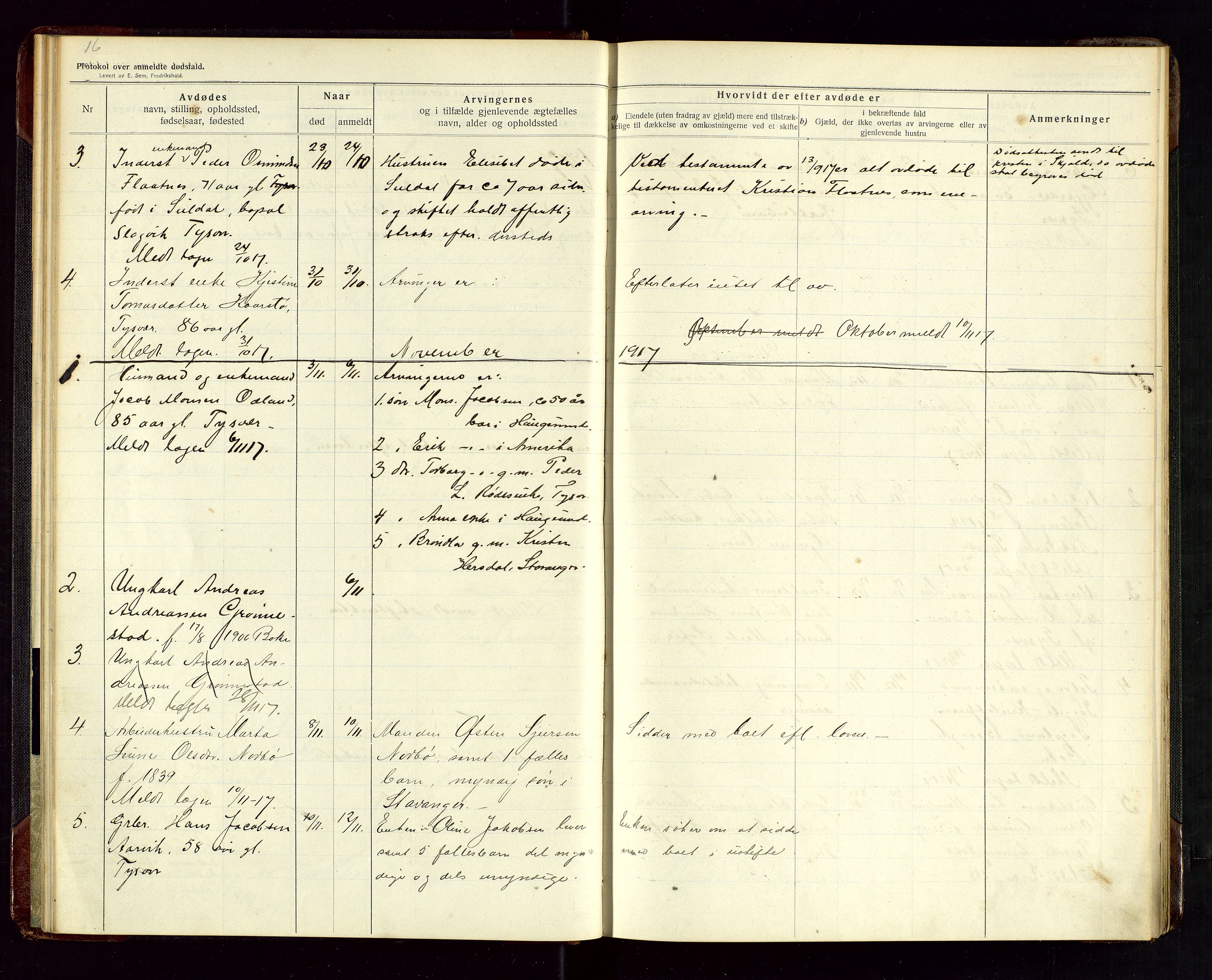 Tysvær lensmannskontor, AV/SAST-A-100192/Gga/L0003: "Protokol over anmeldte dødsfald i Tysvær" med register, 1916-1926, p. 16