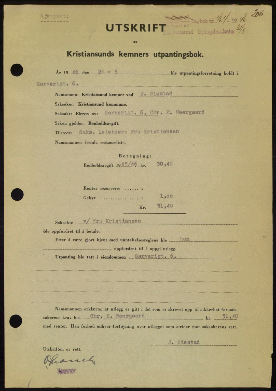 Kristiansund byfogd, AV/SAT-A-4587/A/27: Mortgage book no. 40, 1946-1946, Diary no: : 464/1946