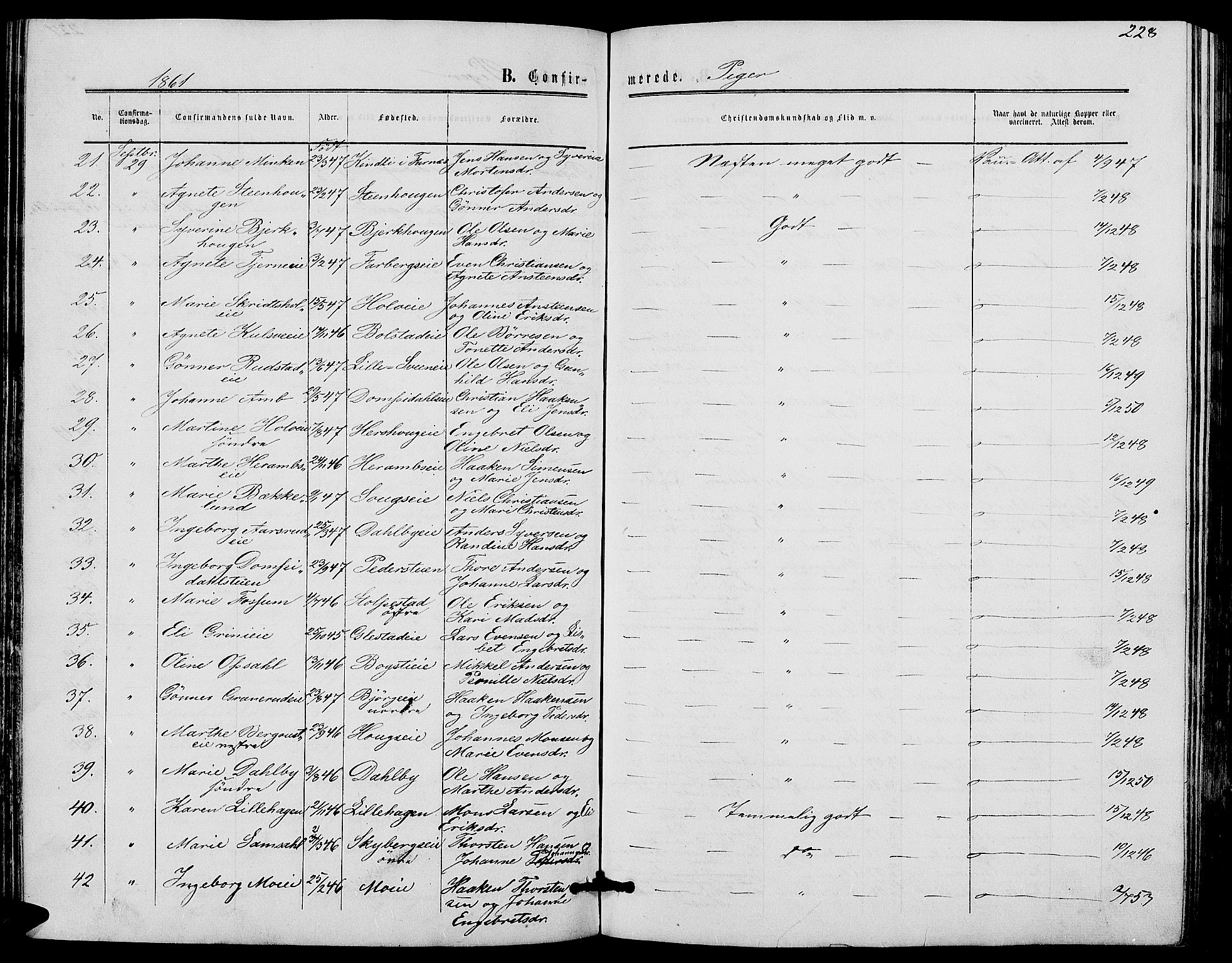 Ringsaker prestekontor, SAH/PREST-014/L/La/L0007: Parish register (copy) no. 7, 1861-1869, p. 228