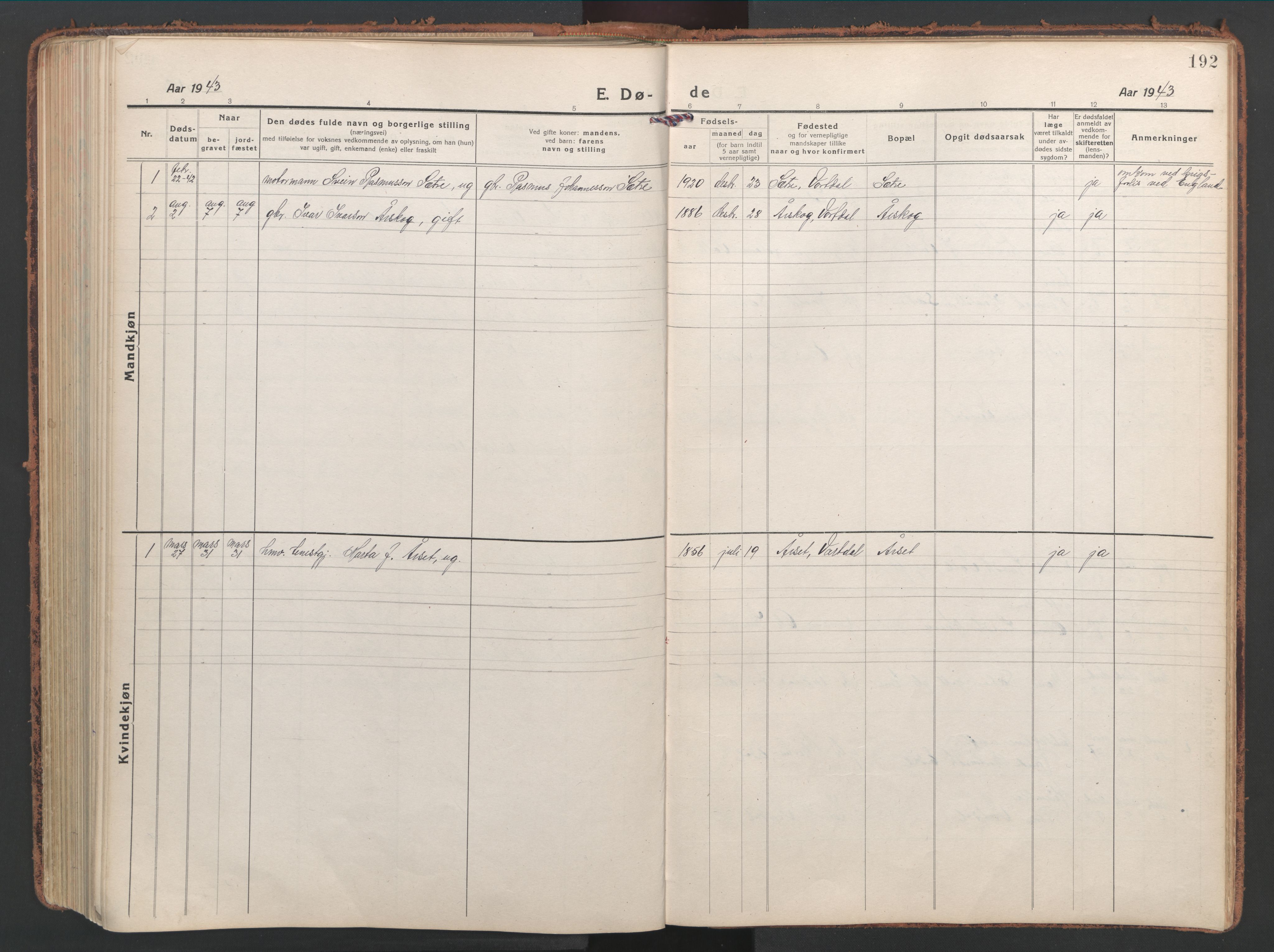 Ministerialprotokoller, klokkerbøker og fødselsregistre - Møre og Romsdal, SAT/A-1454/514/L0202: Parish register (copy) no. 514C02, 1916-1944, p. 192