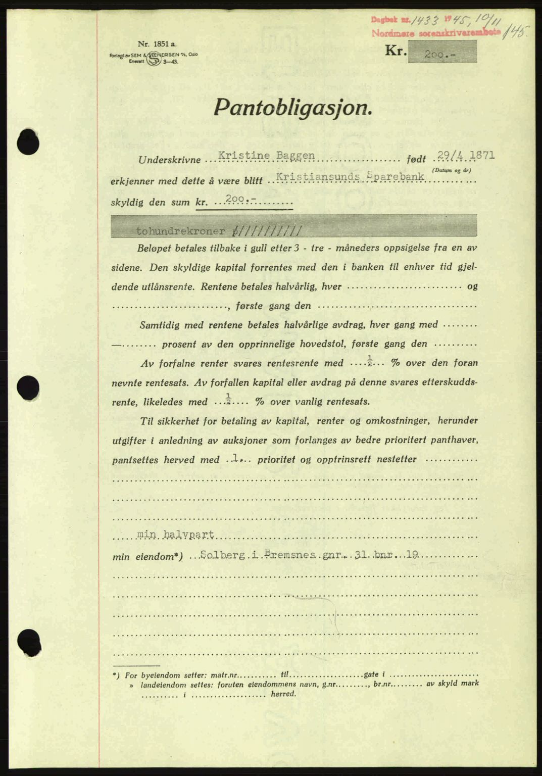 Nordmøre sorenskriveri, AV/SAT-A-4132/1/2/2Ca: Mortgage book no. B93a, 1945-1945, Diary no: : 1433/1945