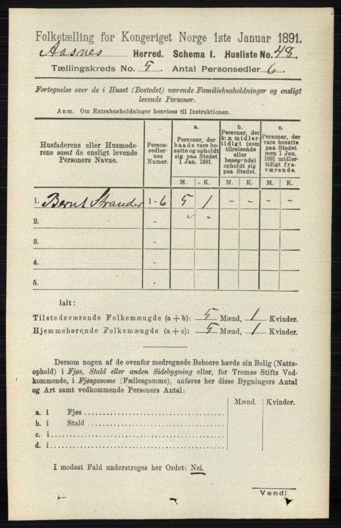 RA, 1891 census for 0425 Åsnes, 1891, p. 2424