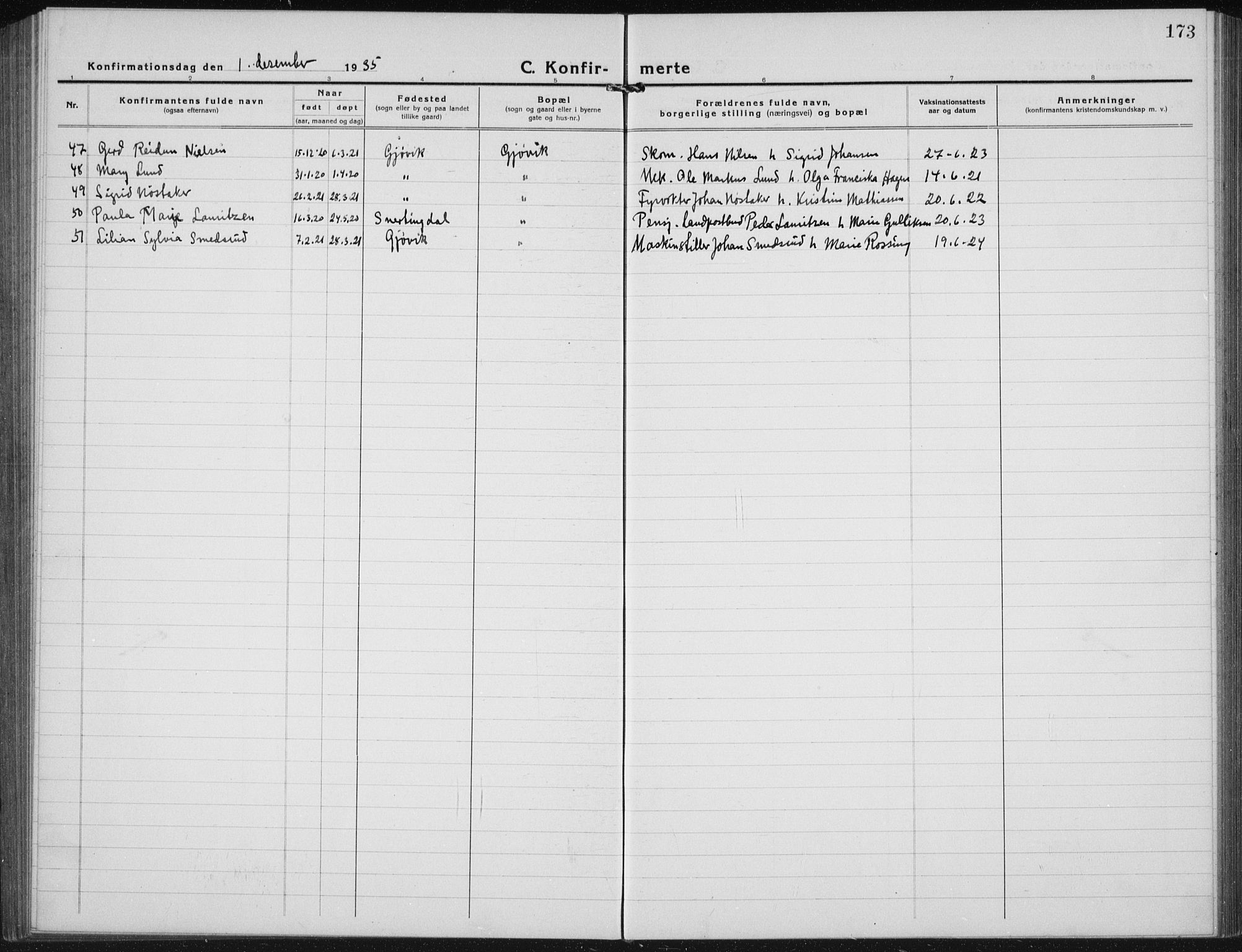 Vardal prestekontor, SAH/PREST-100/H/Ha/Hab/L0017: Parish register (copy) no. 17, 1922-1941, p. 173