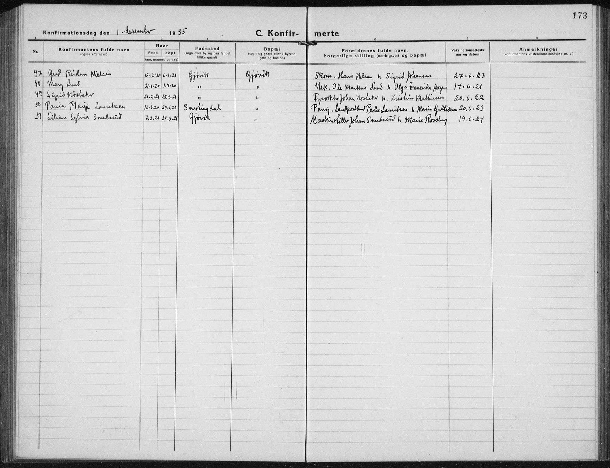 Vardal prestekontor, AV/SAH-PREST-100/H/Ha/Hab/L0017: Parish register (copy) no. 17, 1922-1941, p. 173