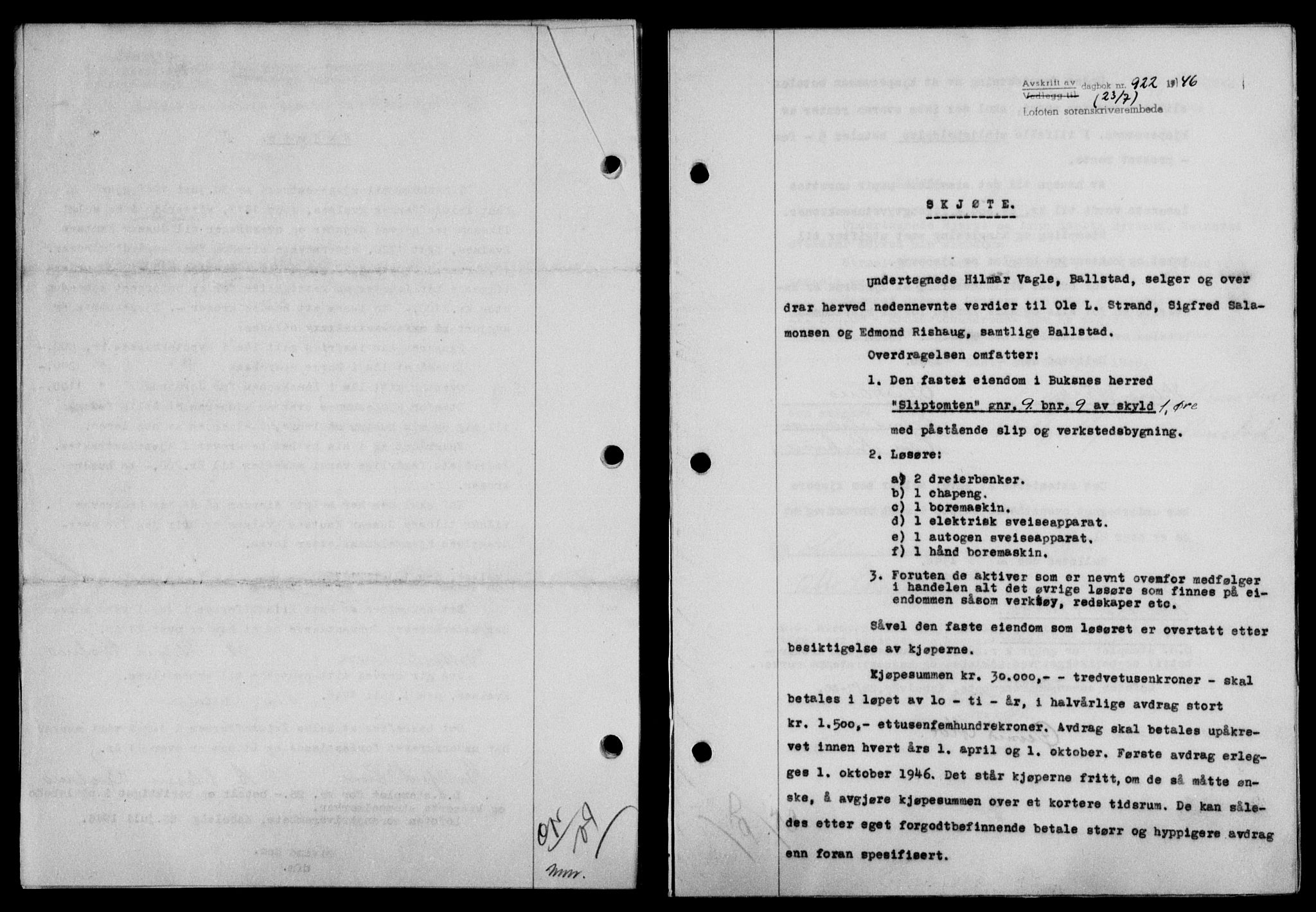 Lofoten sorenskriveri, SAT/A-0017/1/2/2C/L0014a: Mortgage book no. 14a, 1946-1946, Diary no: : 922/1946