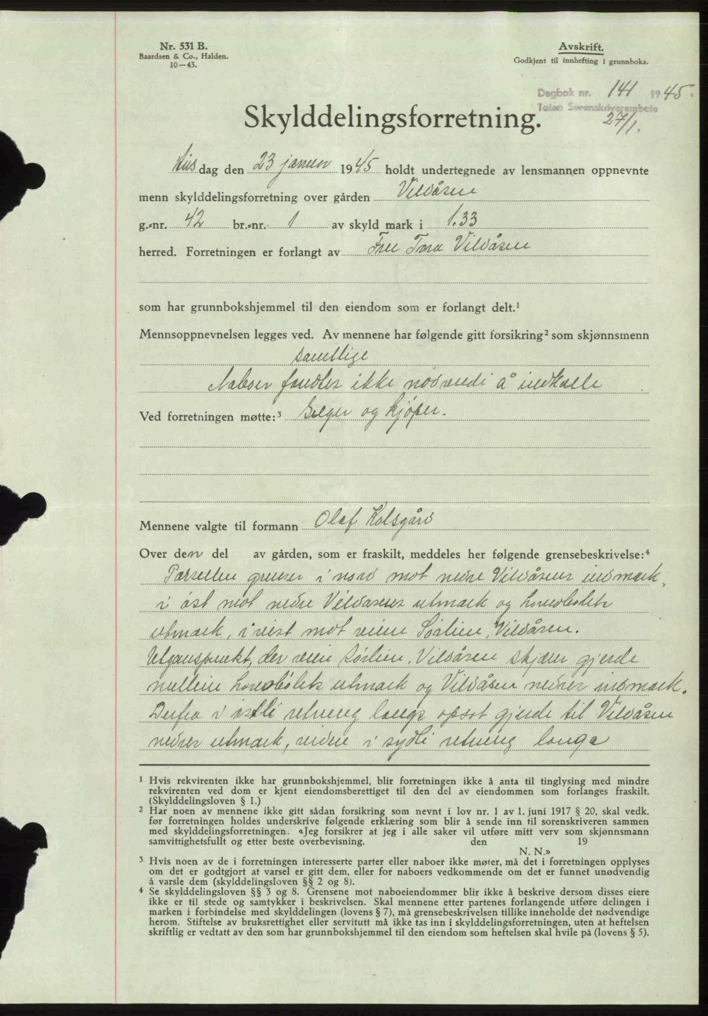 Toten tingrett, AV/SAH-TING-006/H/Hb/Hbc/L0013: Mortgage book no. Hbc-13, 1945-1945, Diary no: : 141/1945