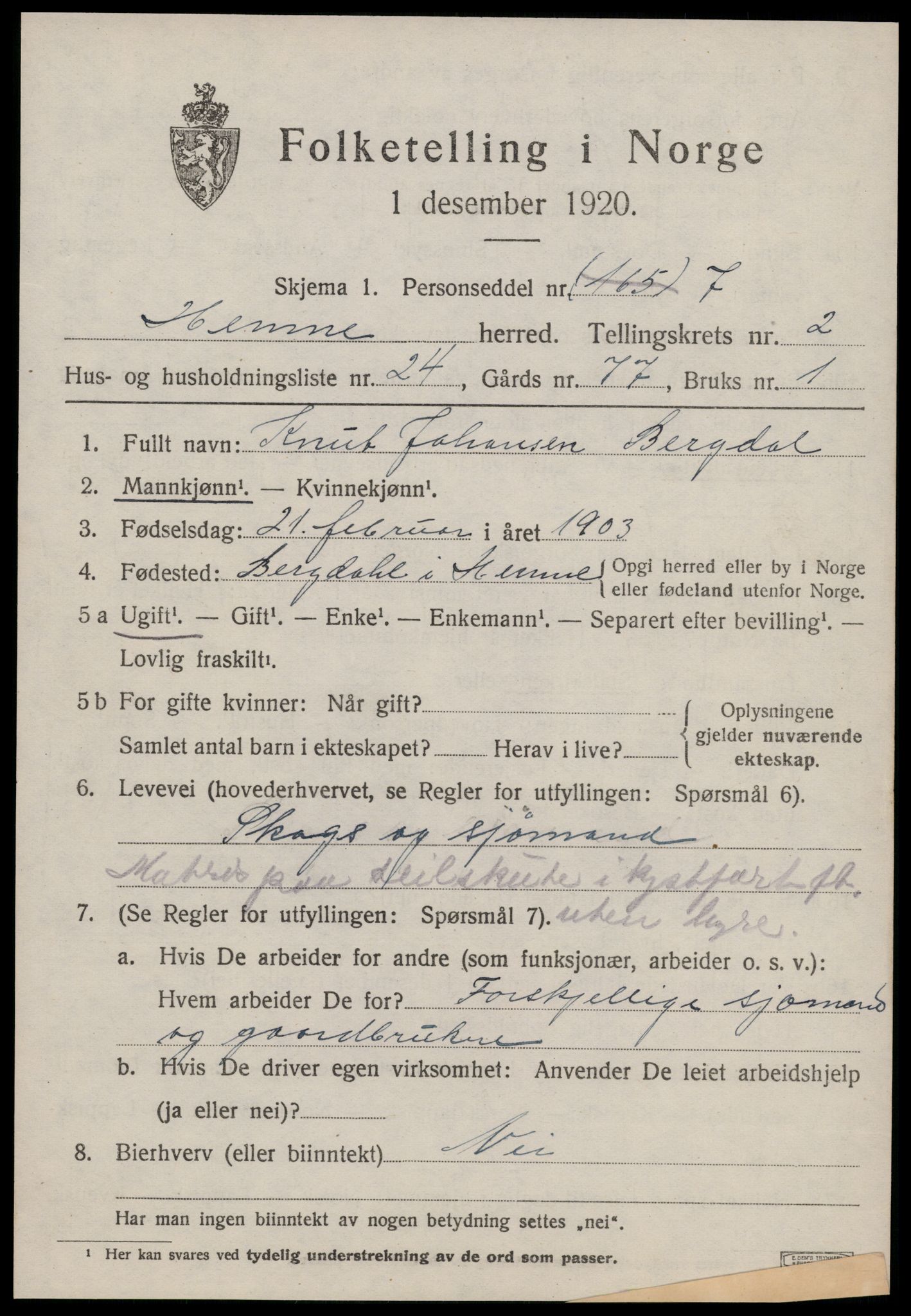 SAT, 1920 census for Hemne, 1920, p. 2134