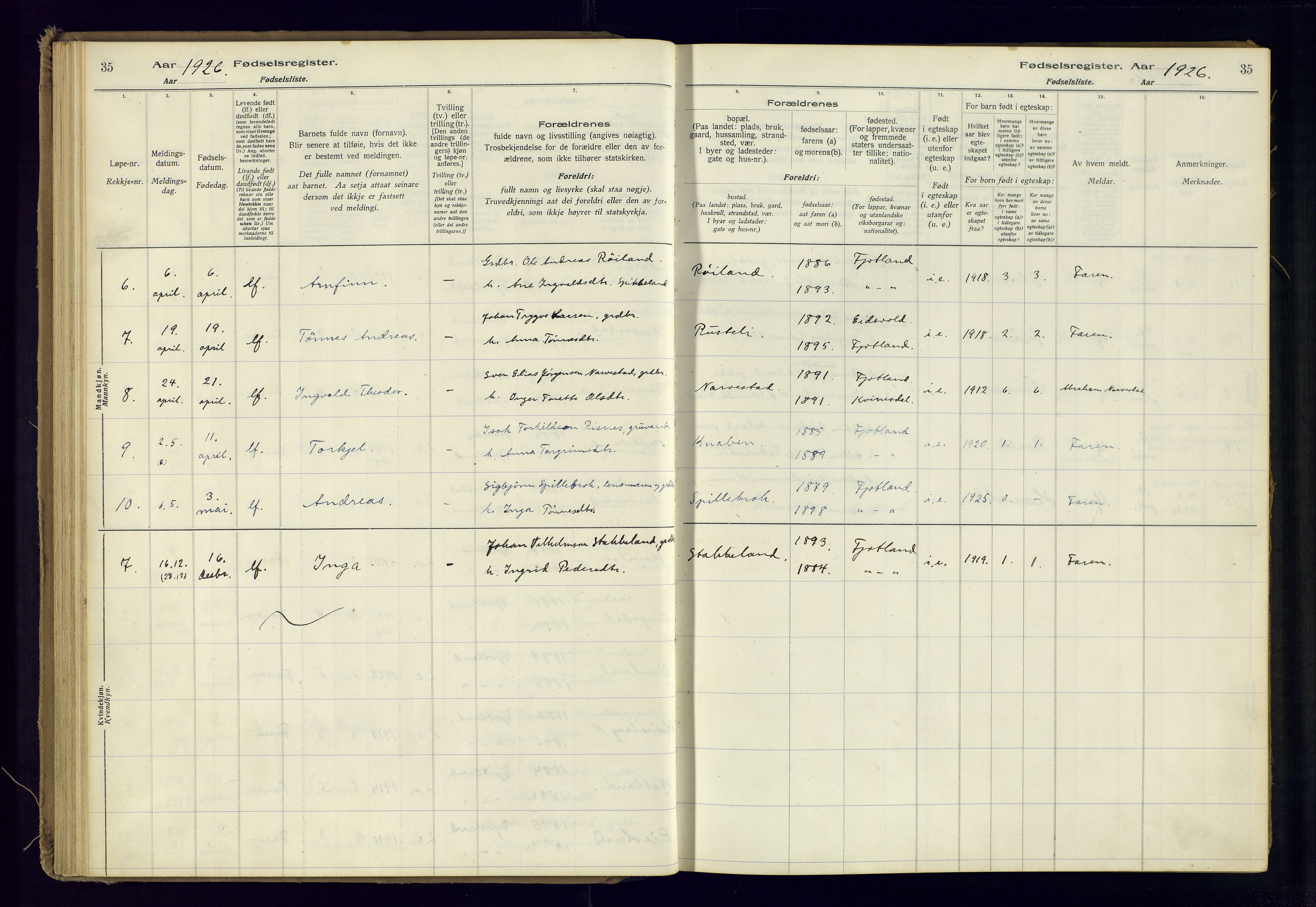 Fjotland sokneprestkontor, AV/SAK-1111-0010/J/Ja/L0001: Birth register no. 1, 1916-1981, p. 35