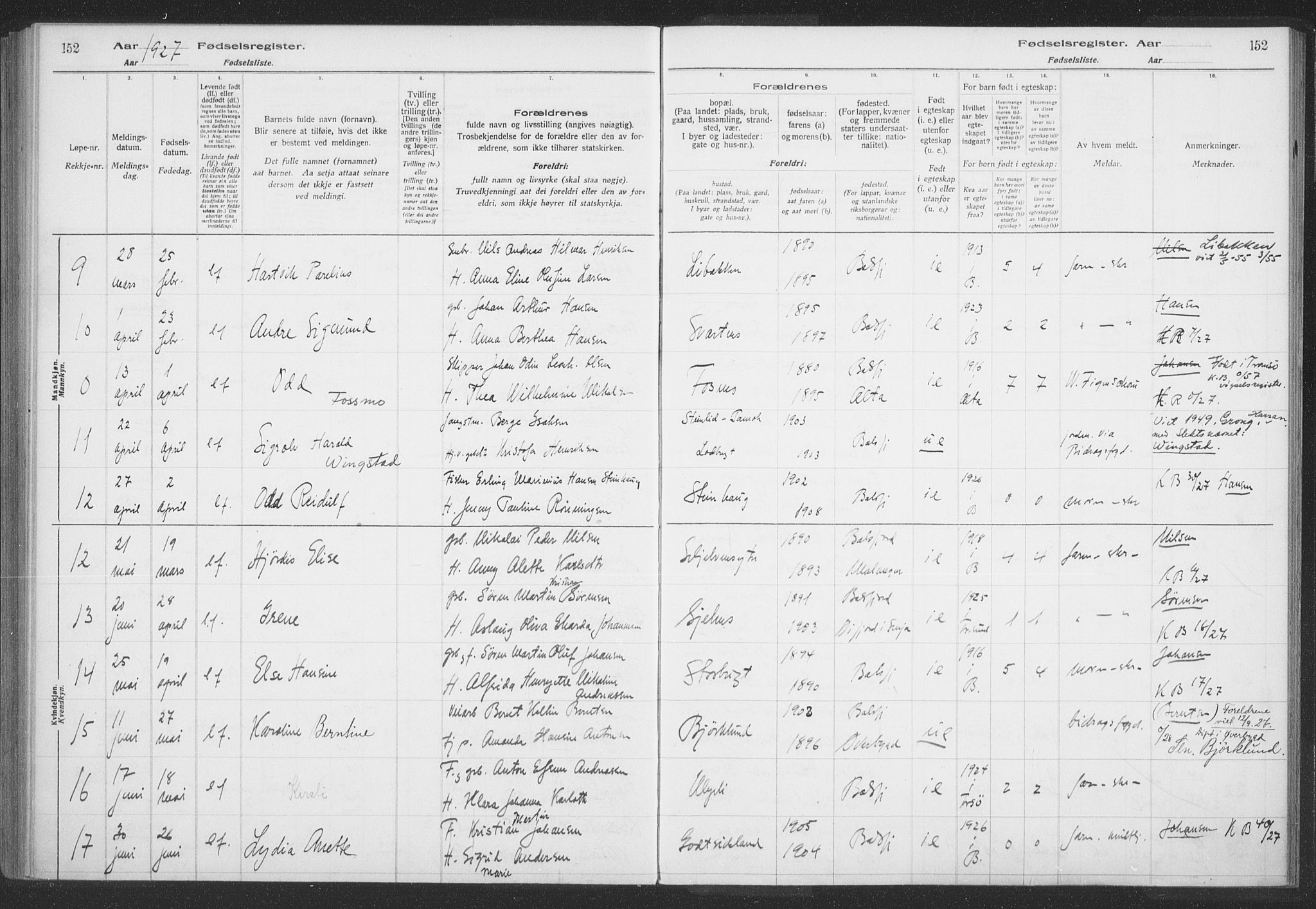 Balsfjord sokneprestembete, SATØ/S-1303/H/Hb/L0059: Birth register no. 59, 1916-1930, p. 152