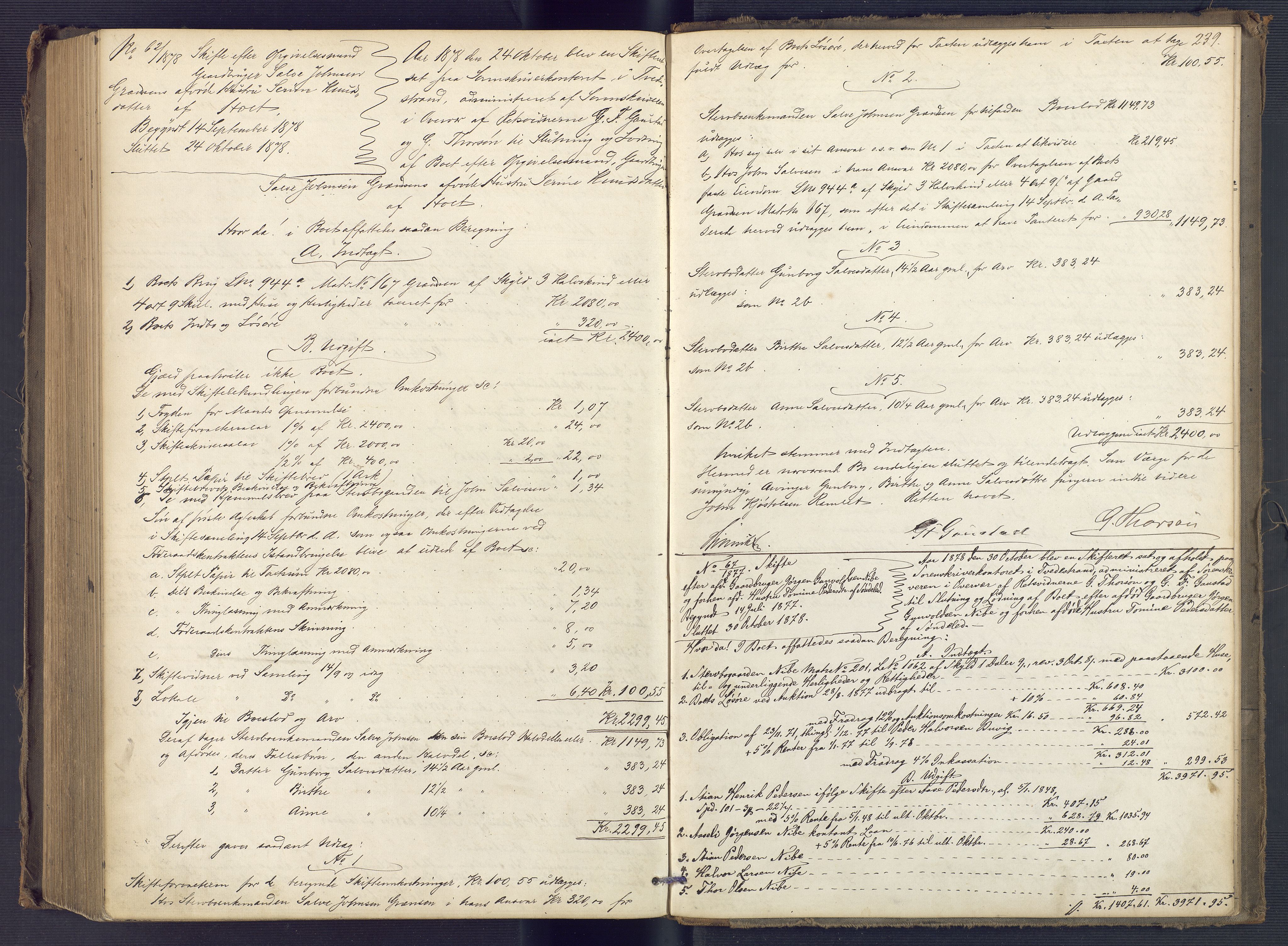 Holt sorenskriveri, AV/SAK-1221-0002/H/Hc/L0032: Skifteutlodningsprotokoll nr. 7, 1874-1879, p. 238b-239a