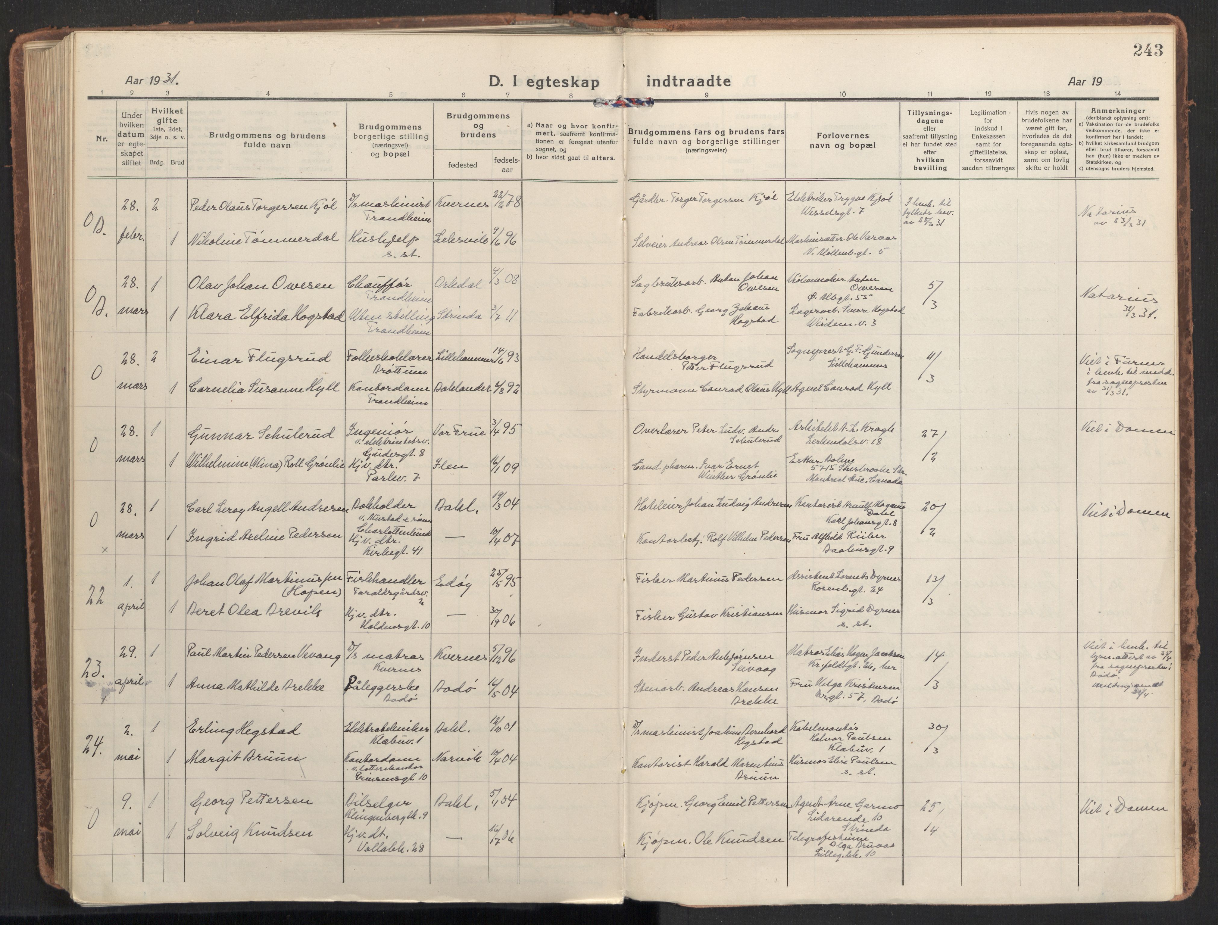 Ministerialprotokoller, klokkerbøker og fødselsregistre - Sør-Trøndelag, SAT/A-1456/604/L0206: Parish register (official) no. 604A26, 1917-1931, p. 243
