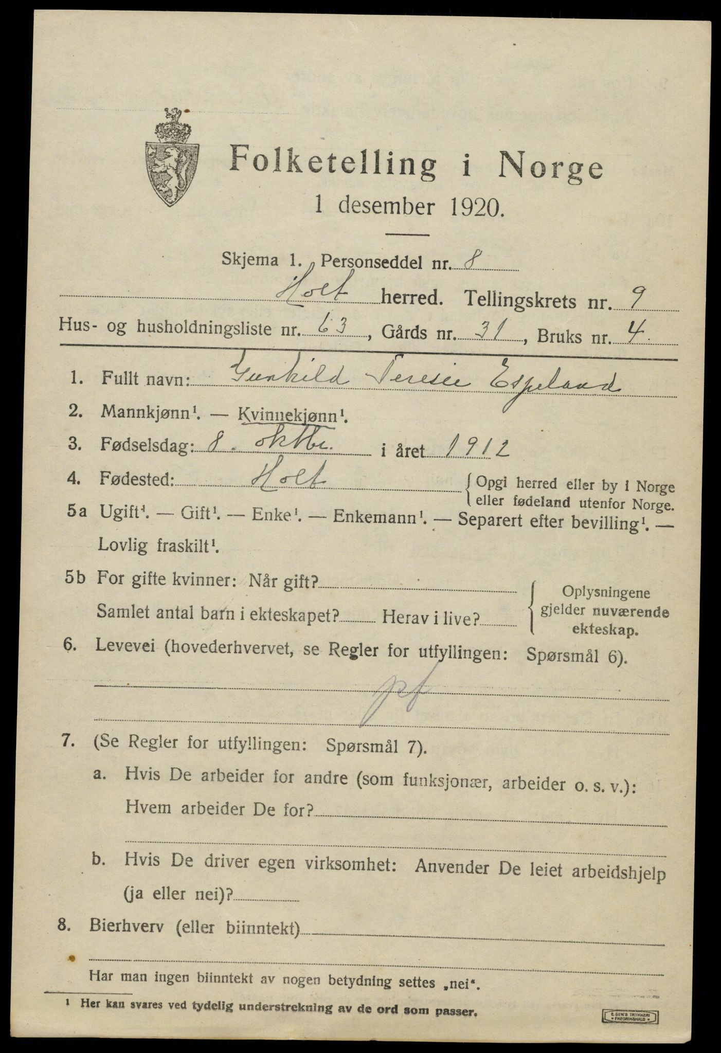 SAK, 1920 census for Holt, 1920, p. 5714