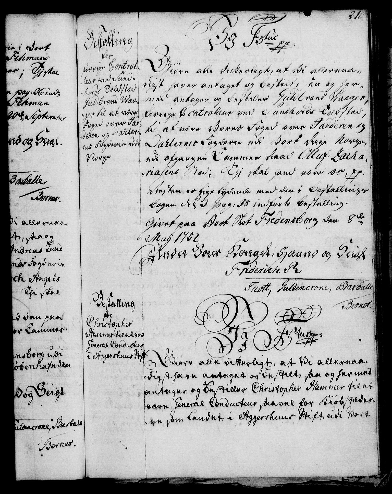 Rentekammeret, Kammerkanselliet, RA/EA-3111/G/Gg/Gge/L0003: Norsk bestallingsprotokoll med register (merket RK 53.27), 1745-1761, p. 210