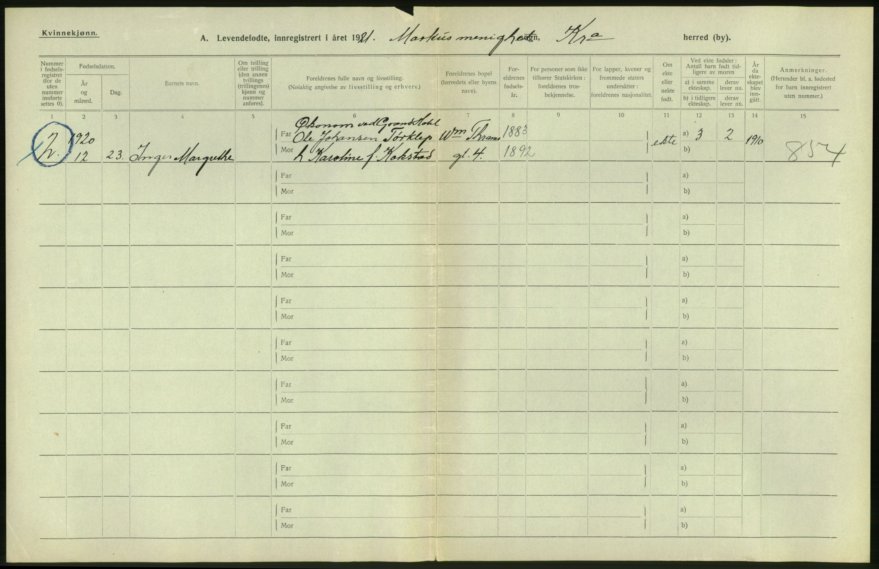 Statistisk sentralbyrå, Sosiodemografiske emner, Befolkning, AV/RA-S-2228/D/Df/Dfc/Dfca/L0010: Kristiania: Levendefødte menn og kvinner., 1921, p. 218