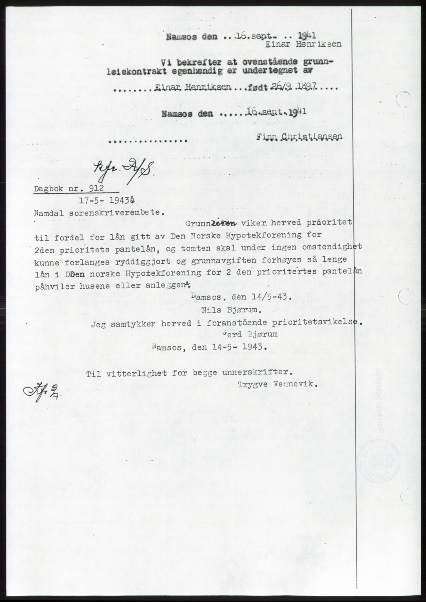Namdal sorenskriveri, SAT/A-4133/1/2/2C: Mortgage book no. -, 1943-1944, Diary no: : 912/1943