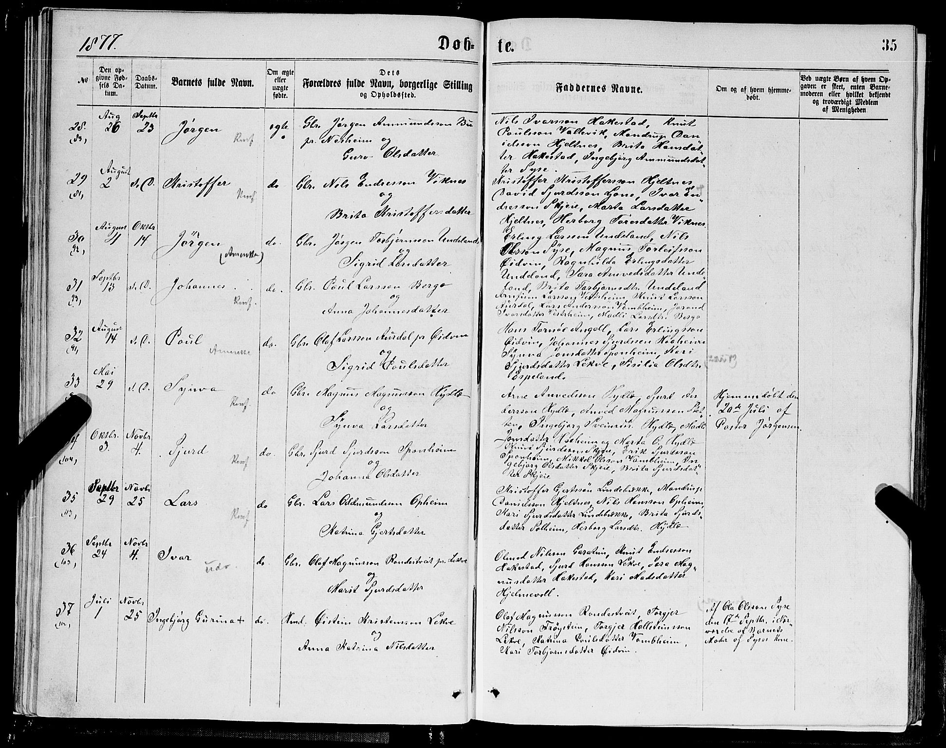 Ulvik sokneprestembete, SAB/A-78801/H/Hab: Parish register (copy) no. A 2, 1869-1882, p. 35