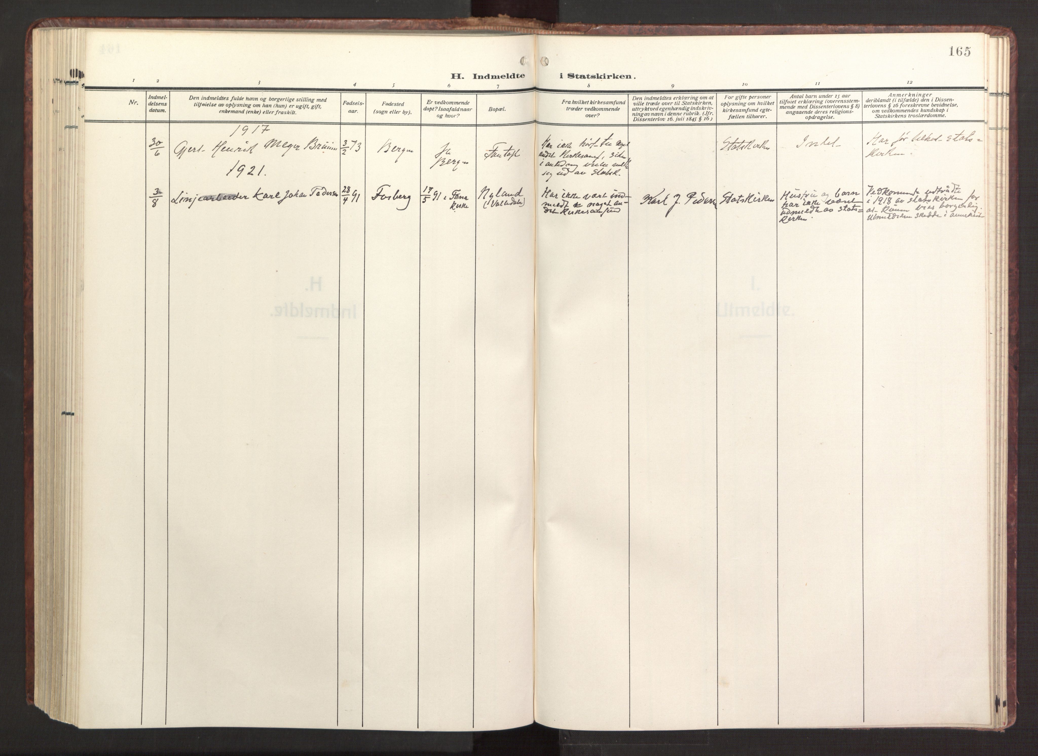 Fana Sokneprestembete, SAB/A-75101/H/Haa/Haab/L0005: Parish register (official) no. B 5, 1915-1923, p. 165