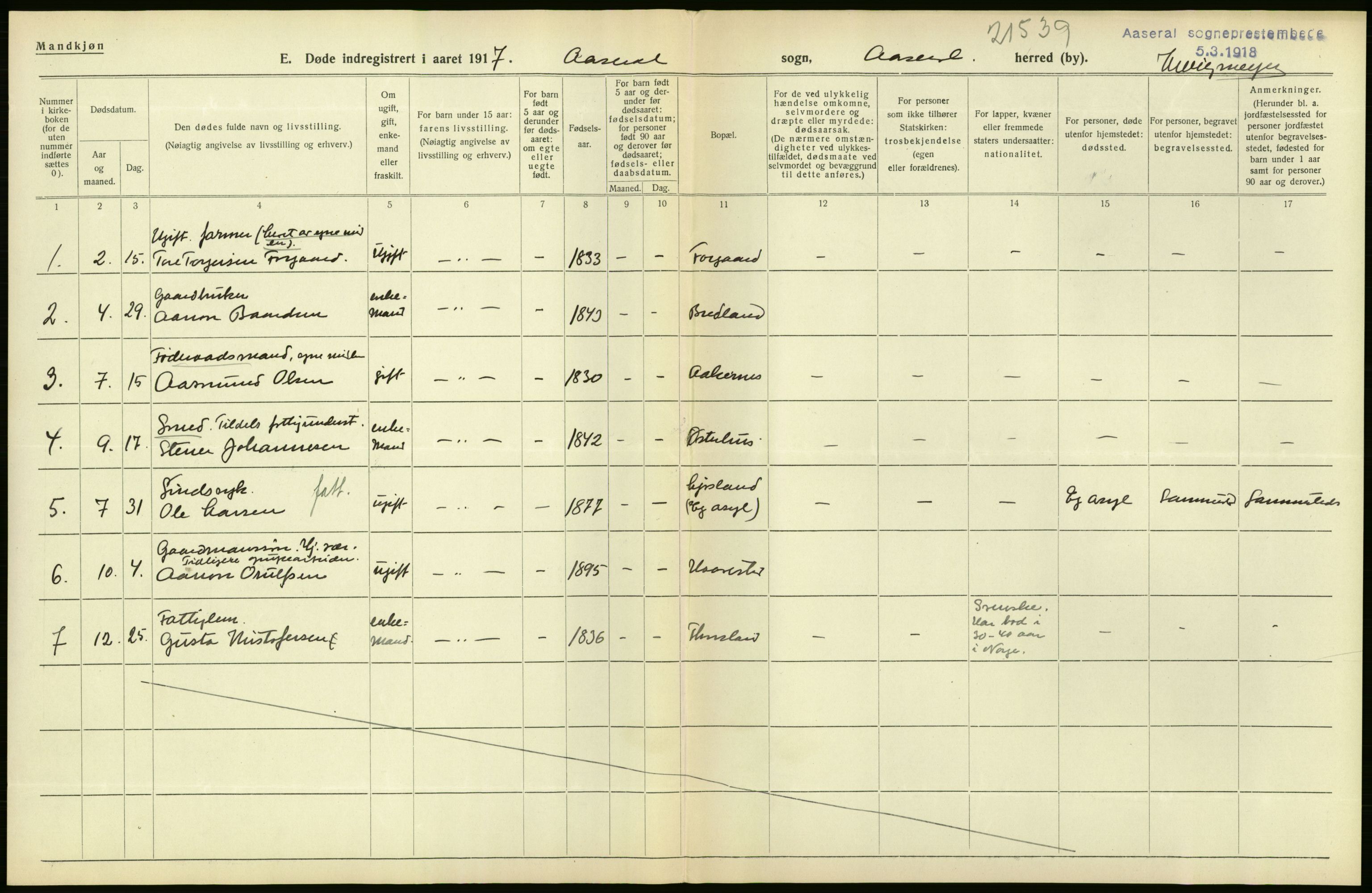 Statistisk sentralbyrå, Sosiodemografiske emner, Befolkning, AV/RA-S-2228/D/Df/Dfb/Dfbg/L0030: Lister og Mandals amt: Gifte, døde, dødfødte. Bygder og byer., 1917, p. 52