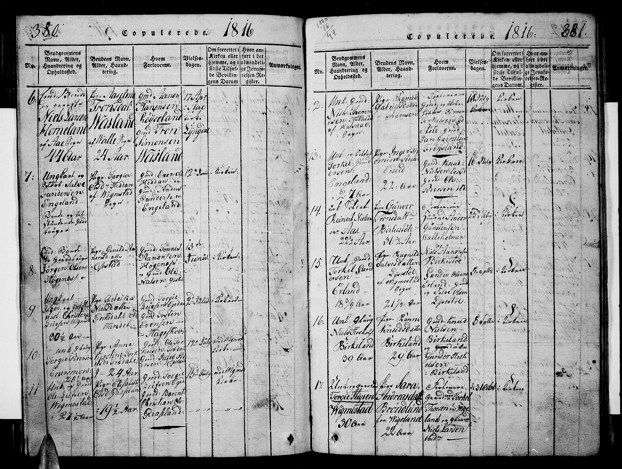 Sør-Audnedal sokneprestkontor, AV/SAK-1111-0039/F/Fb/Fbb/L0001: Parish register (copy) no. B 1, 1815-1827, p. 380-381