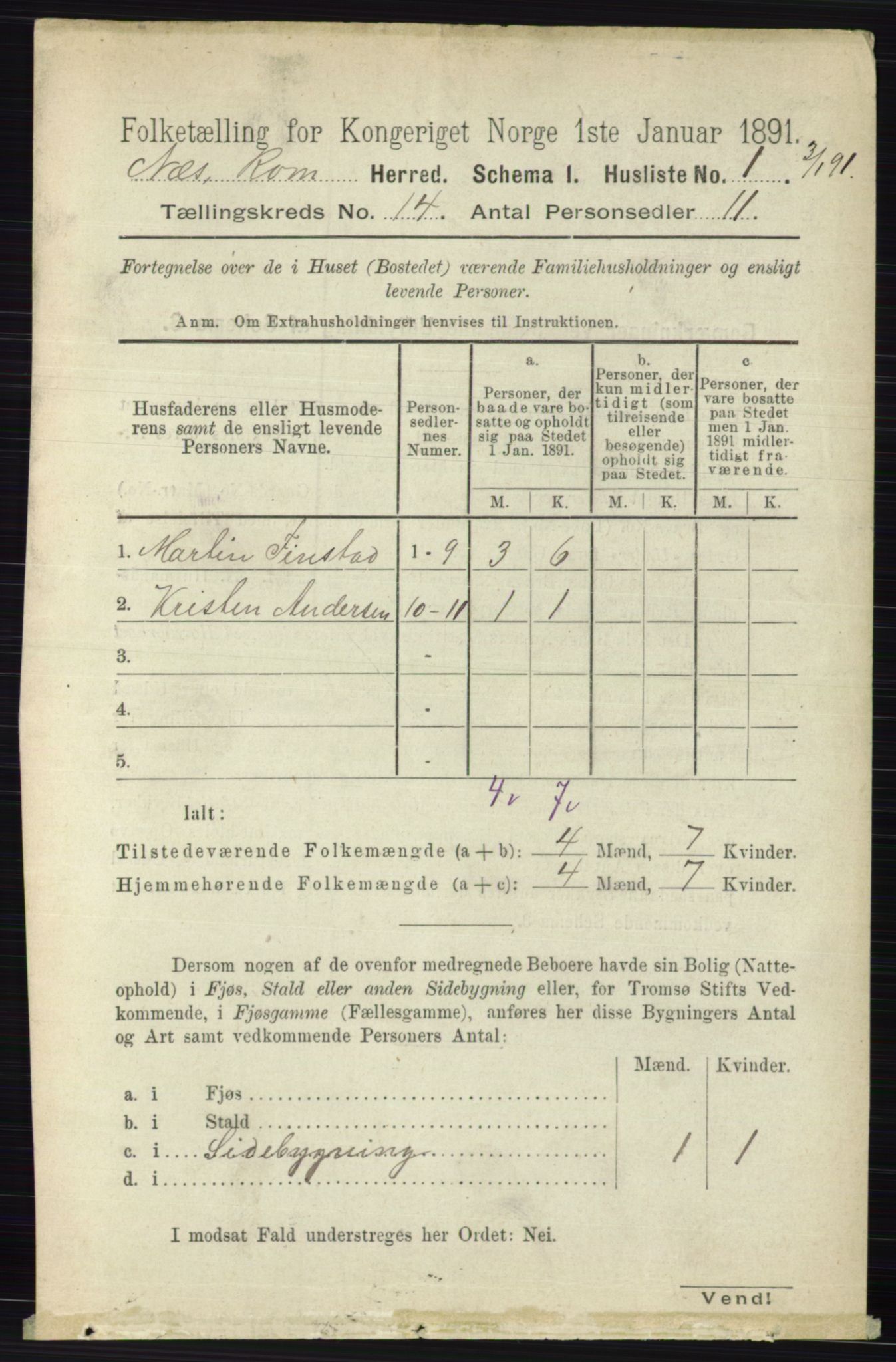 RA, 1891 census for 0236 Nes, 1891, p. 8420