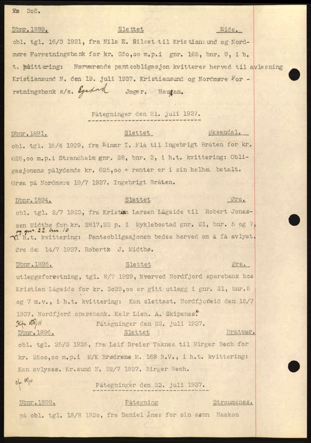 Nordmøre sorenskriveri, AV/SAT-A-4132/1/2/2Ca: Mortgage book no. C80, 1936-1939, Diary no: : 1889/1937