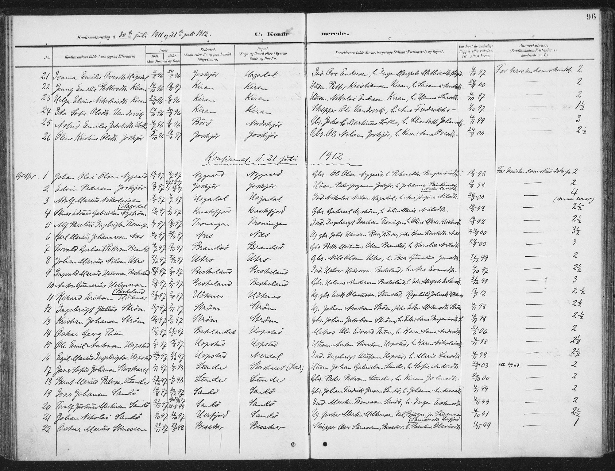 Ministerialprotokoller, klokkerbøker og fødselsregistre - Sør-Trøndelag, SAT/A-1456/657/L0709: Parish register (official) no. 657A10, 1905-1919, p. 96