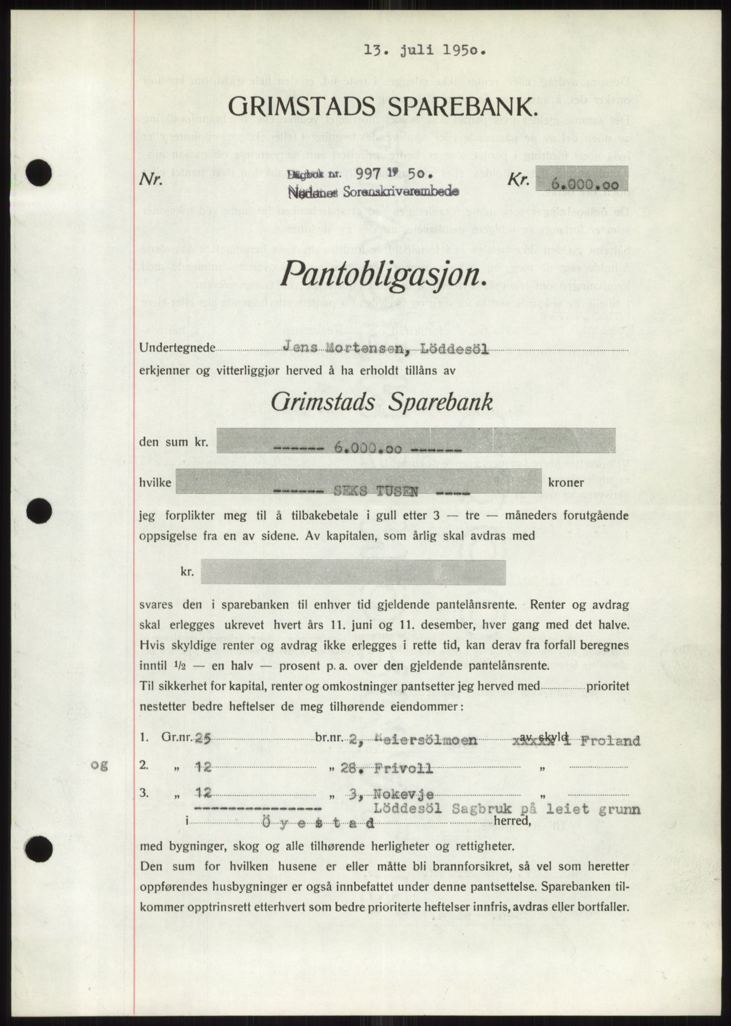 Nedenes sorenskriveri, AV/SAK-1221-0006/G/Gb/Gbb/L0007: Mortgage book no. B7, 1949-1950, Diary no: : 997/1950