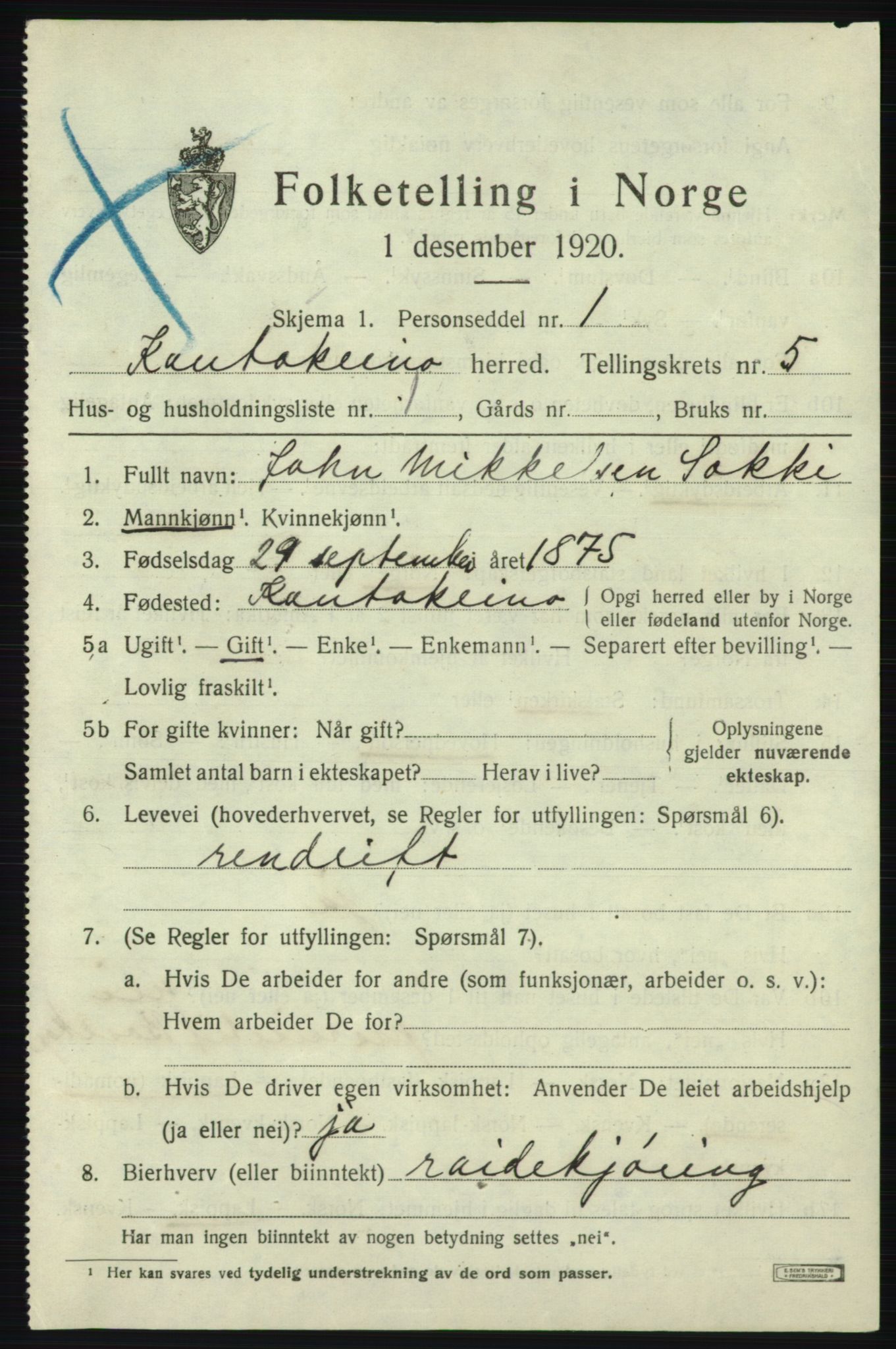 SATØ, 1920 census for Kautokeino, 1920, p. 1933