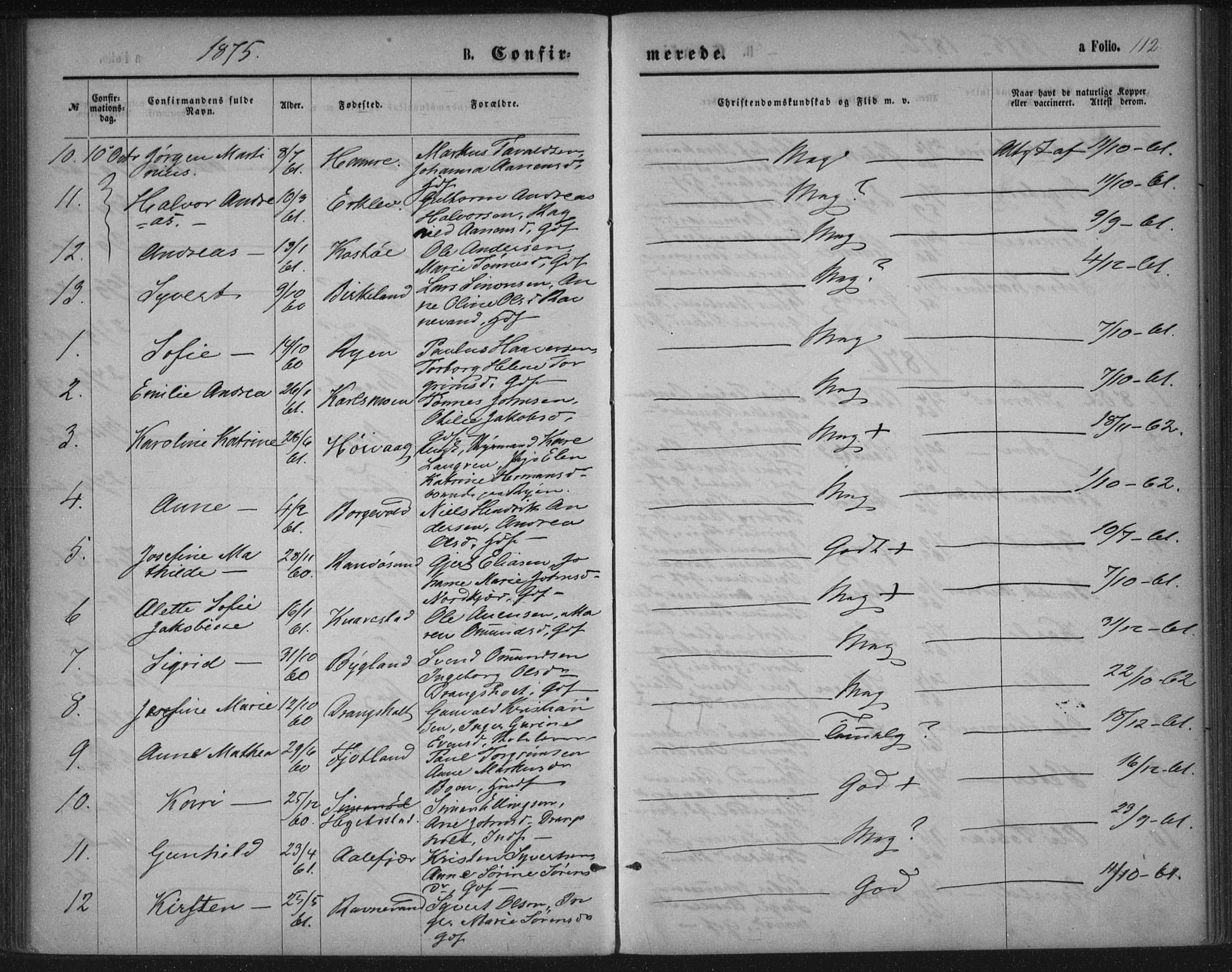 Tveit sokneprestkontor, AV/SAK-1111-0043/F/Fa/L0006: Parish register (official) no. A 6, 1872-1886, p. 112