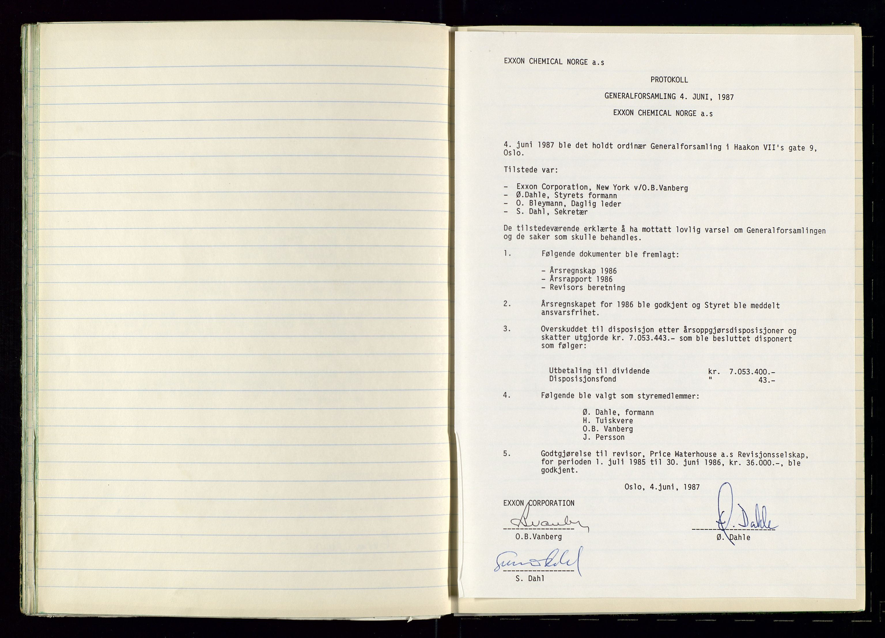 PA 1538 - Exxon Chemical Norge A/S, SAST/A-101958/A/Aa/L0001/0002: Generalforsamlinger og styreprotokoller / Protokoll for generalforsamlinger, 1966-1996