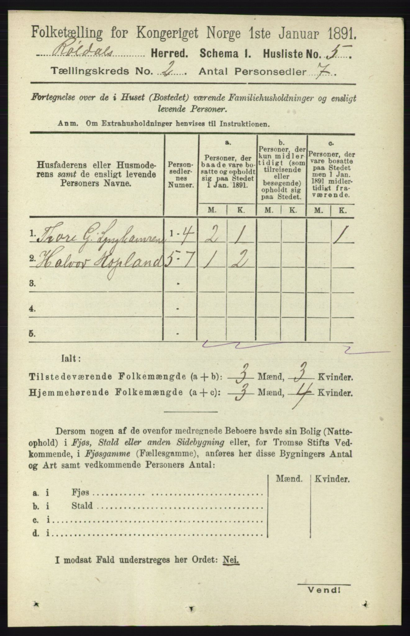 RA, 1891 census for 1229 Røldal, 1891, p. 476