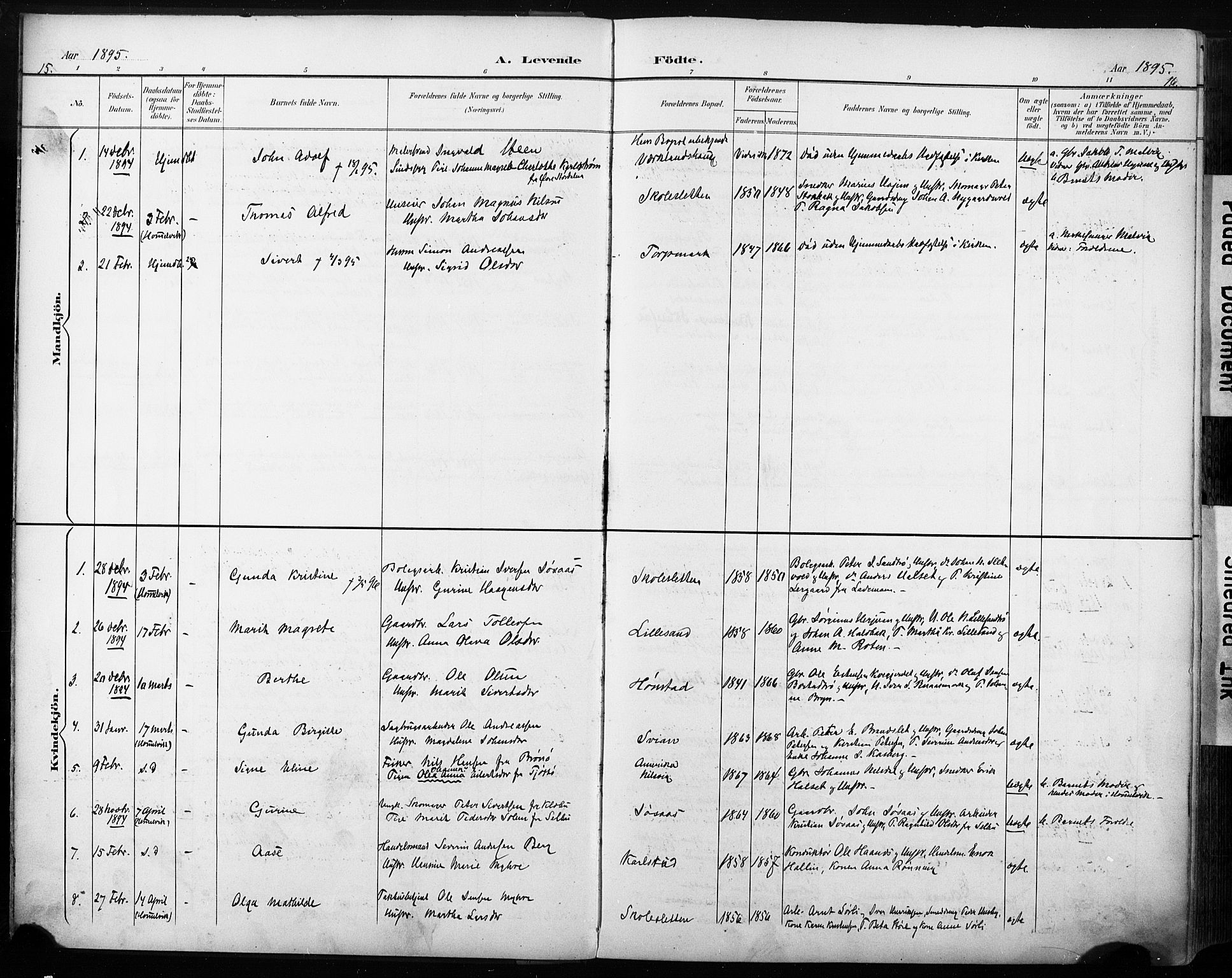 Ministerialprotokoller, klokkerbøker og fødselsregistre - Sør-Trøndelag, AV/SAT-A-1456/616/L0411: Parish register (official) no. 616A08, 1894-1906, p. 15-16