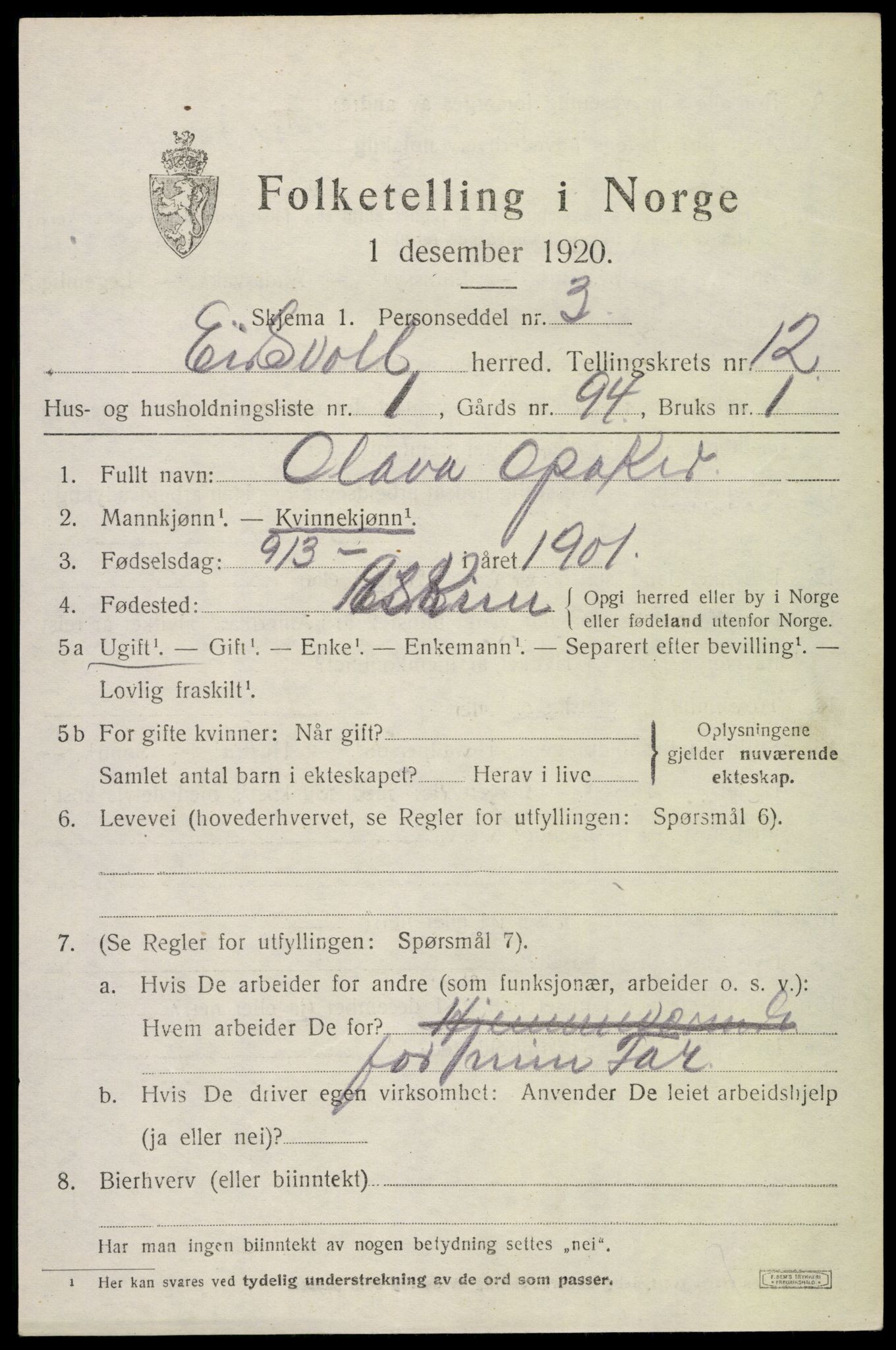 SAO, 1920 census for Eidsvoll, 1920, p. 18419