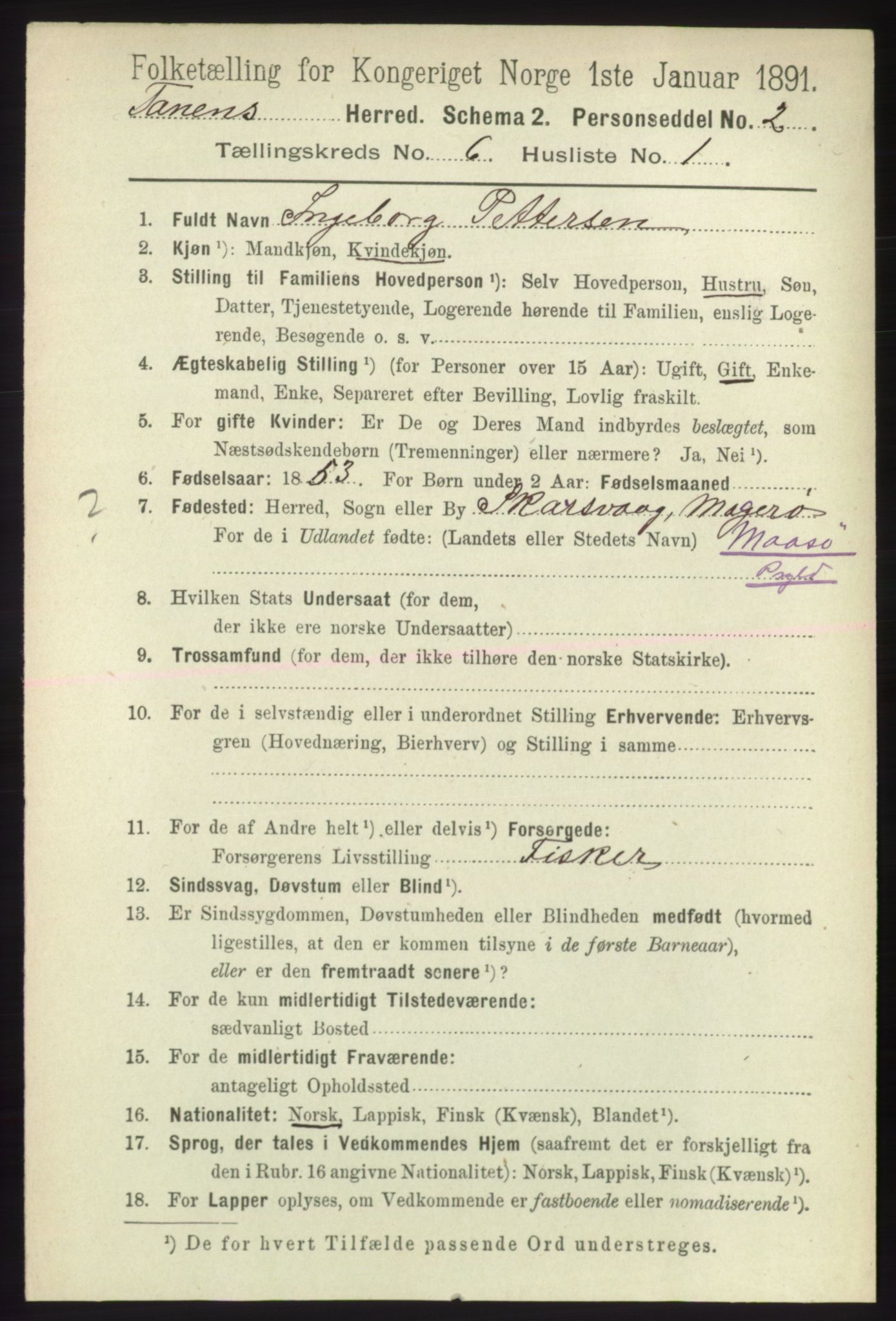 RA, 1891 census for 2025 Tana, 1891, p. 2800