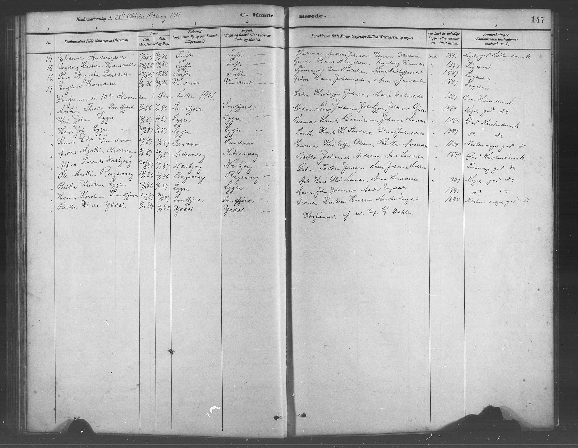 Fusa sokneprestembete, SAB/A-75401/H/Hab: Parish register (copy) no. C 2, 1886-1926, p. 147