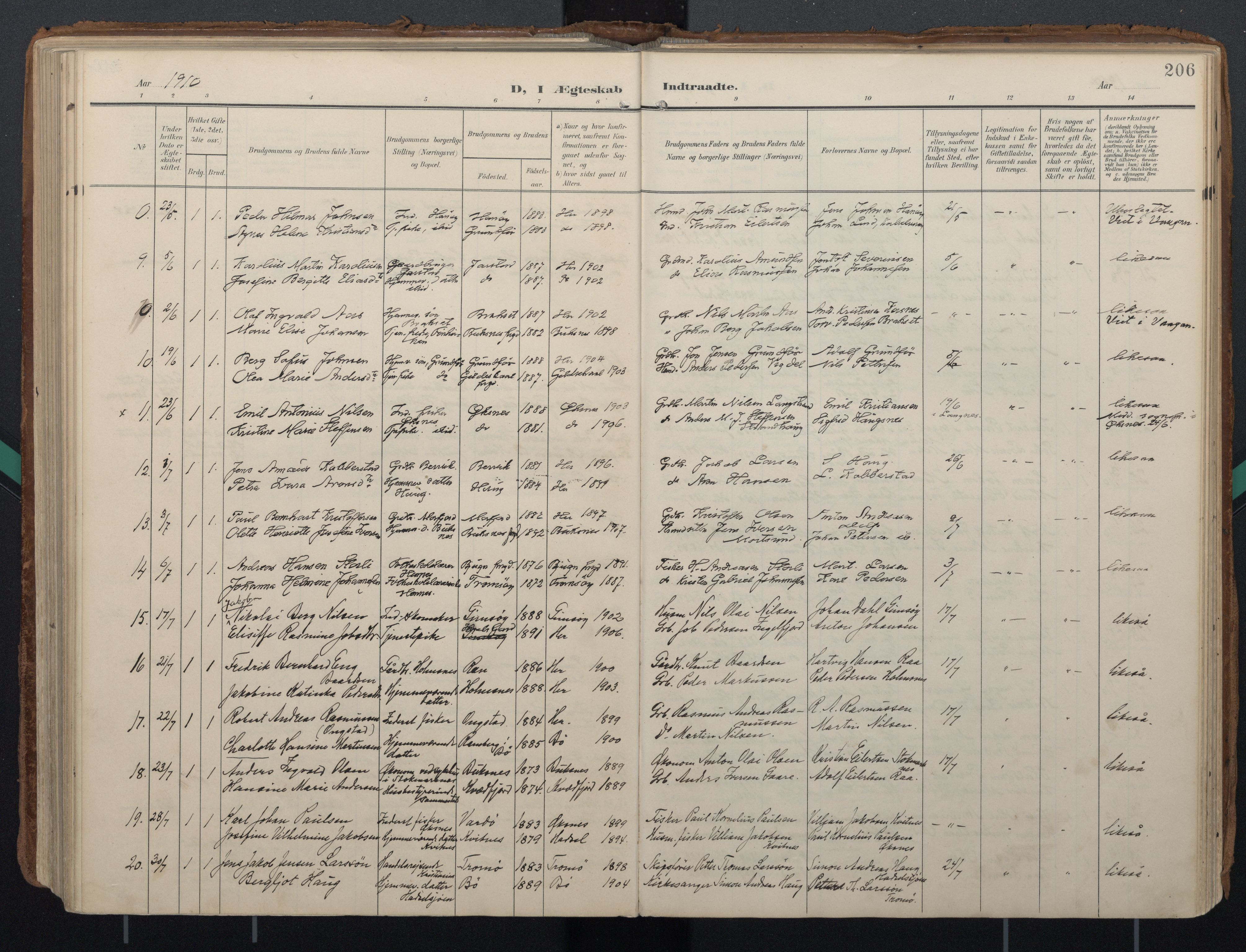 Ministerialprotokoller, klokkerbøker og fødselsregistre - Nordland, AV/SAT-A-1459/888/L1248: Parish register (official) no. 888A14, 1904-1913, p. 206