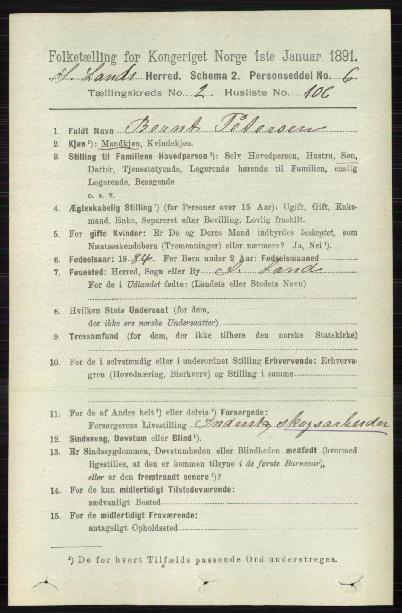 RA, 1891 census for 0536 Søndre Land, 1891, p. 1690