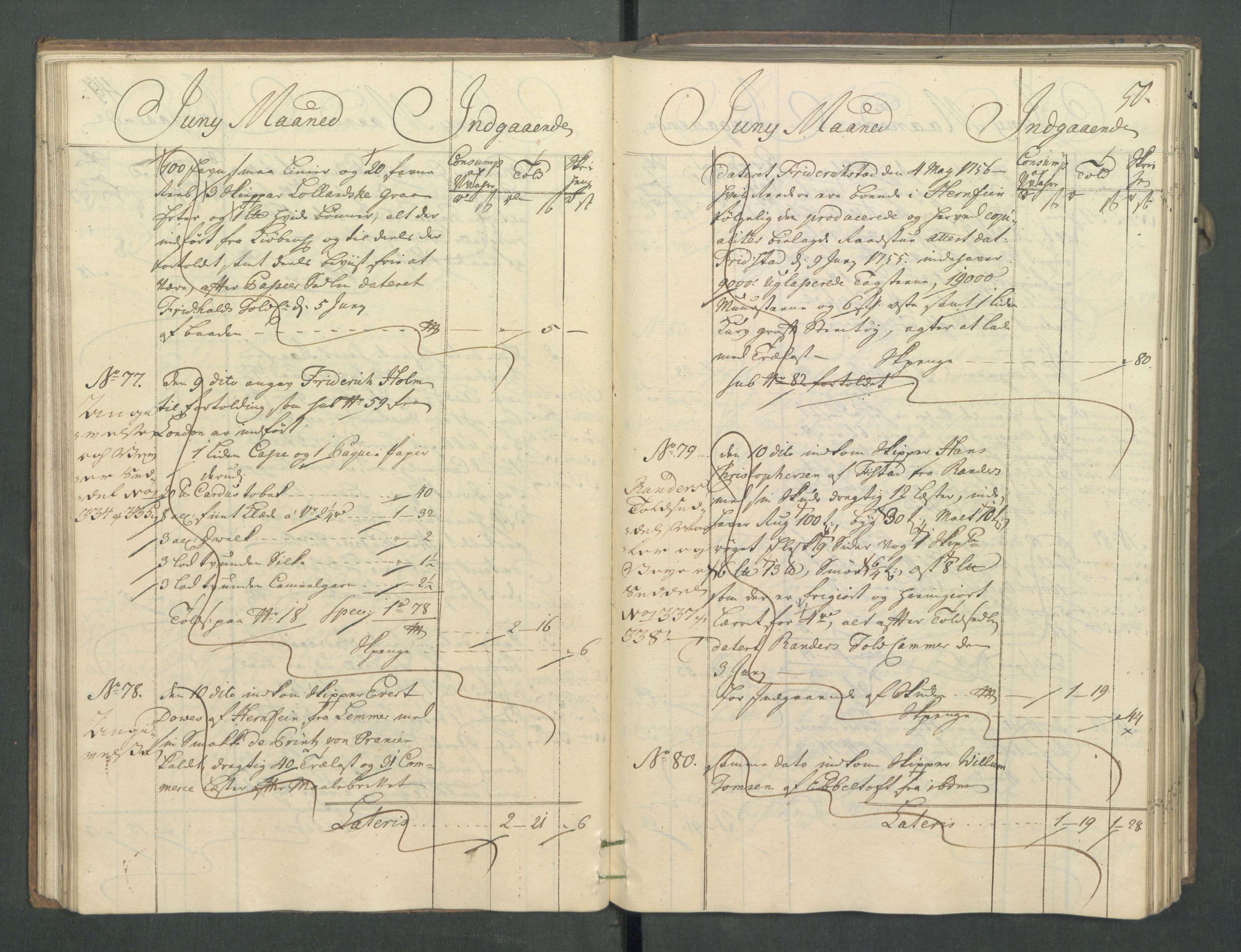 Generaltollkammeret, tollregnskaper, AV/RA-EA-5490/R02/L0022/0001: Tollregnskaper Fredrikstad / Inngående hovedtollbok, 1756, p. 49b-50a