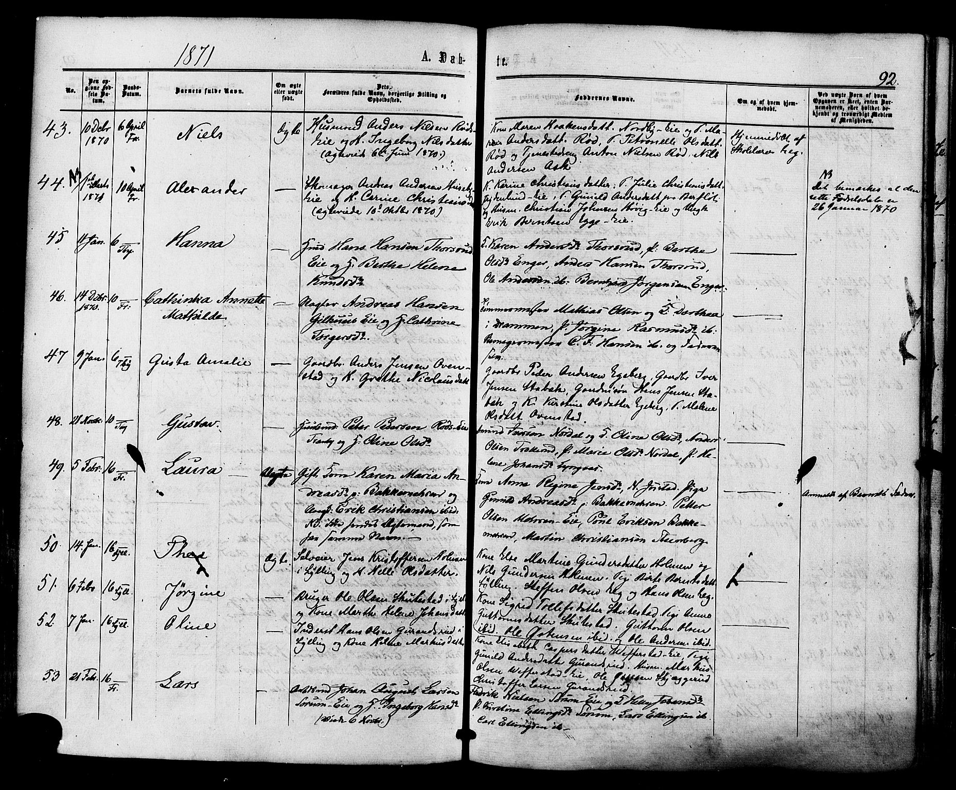 Lier kirkebøker, AV/SAKO-A-230/F/Fa/L0013: Parish register (official) no. I 13, 1865-1874, p. 92