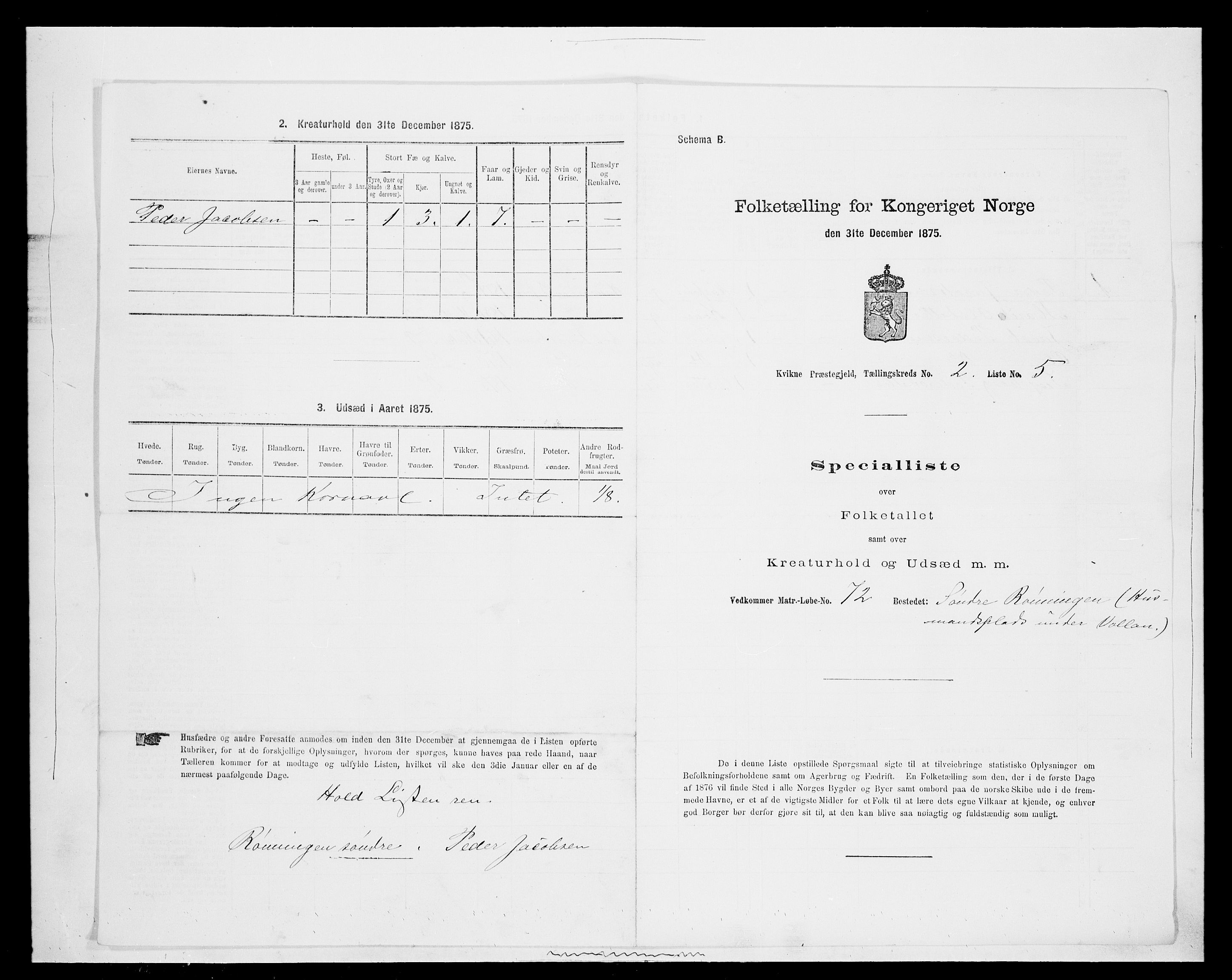 SAH, 1875 census for 0440P Kvikne, 1875, p. 137