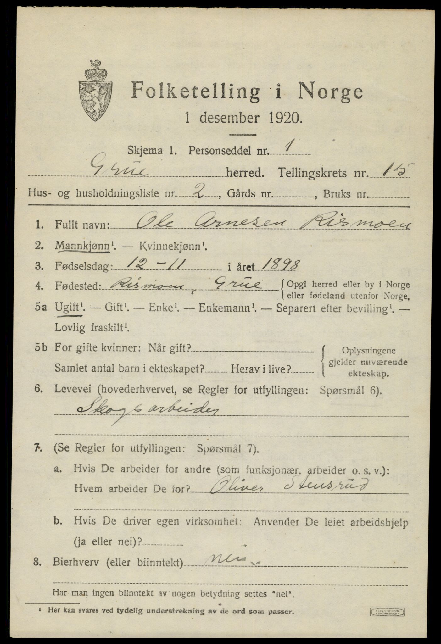 SAH, 1920 census for Grue, 1920, p. 13287