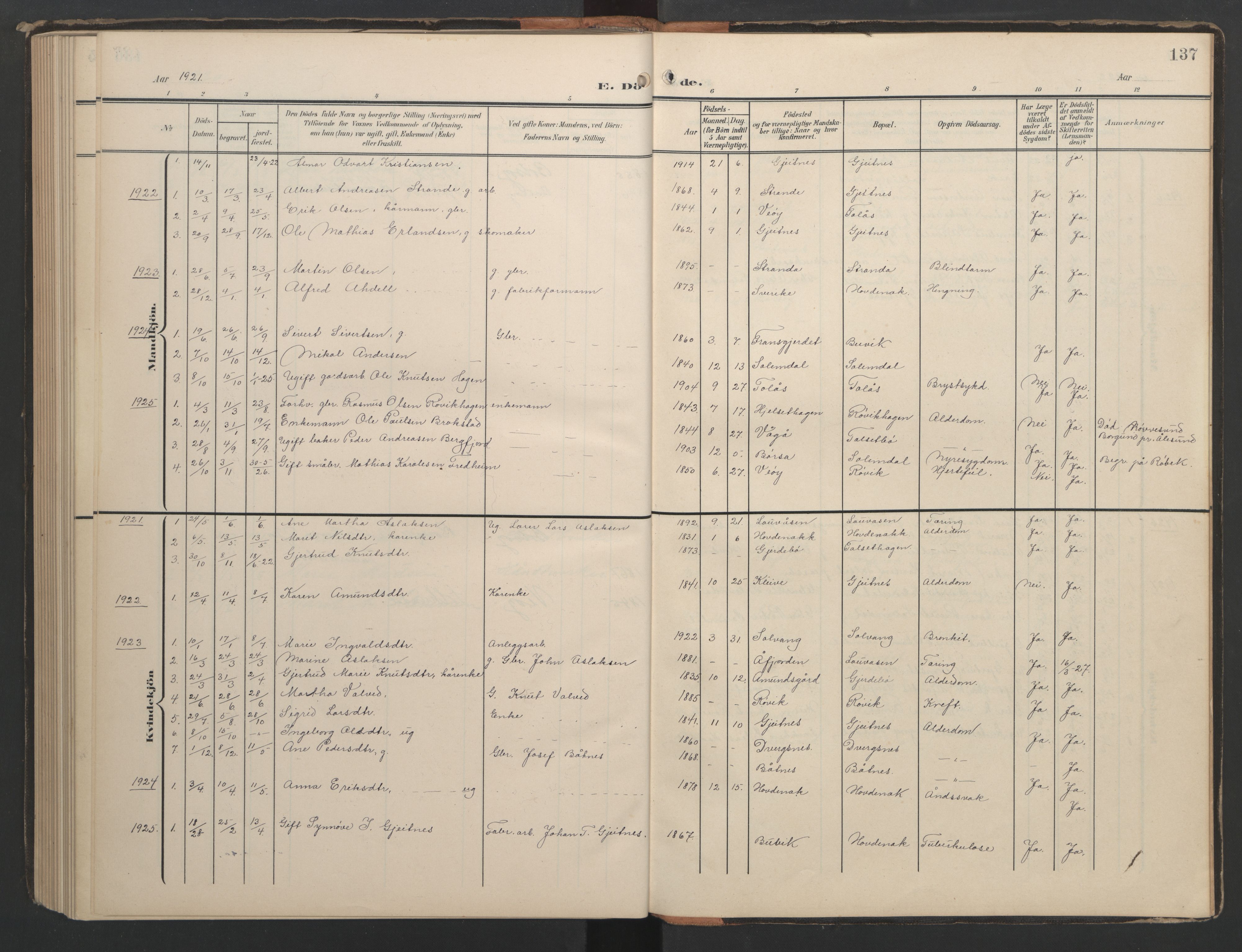 Ministerialprotokoller, klokkerbøker og fødselsregistre - Møre og Romsdal, AV/SAT-A-1454/556/L0677: Parish register (copy) no. 556C01, 1907-1953, p. 137