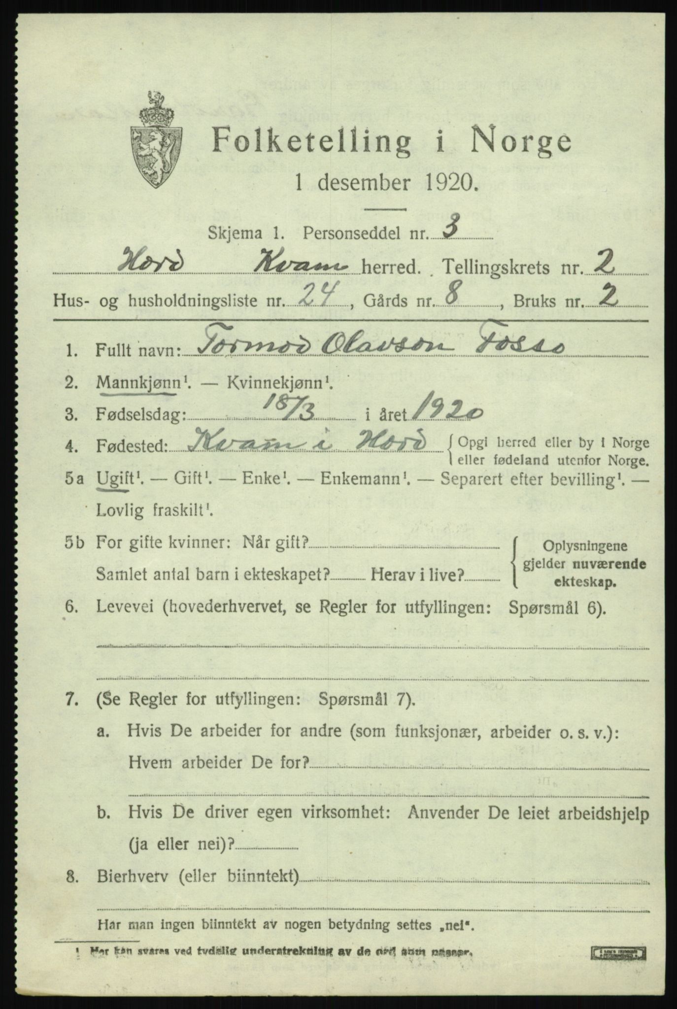 SAB, 1920 census for Kvam, 1920, p. 2455