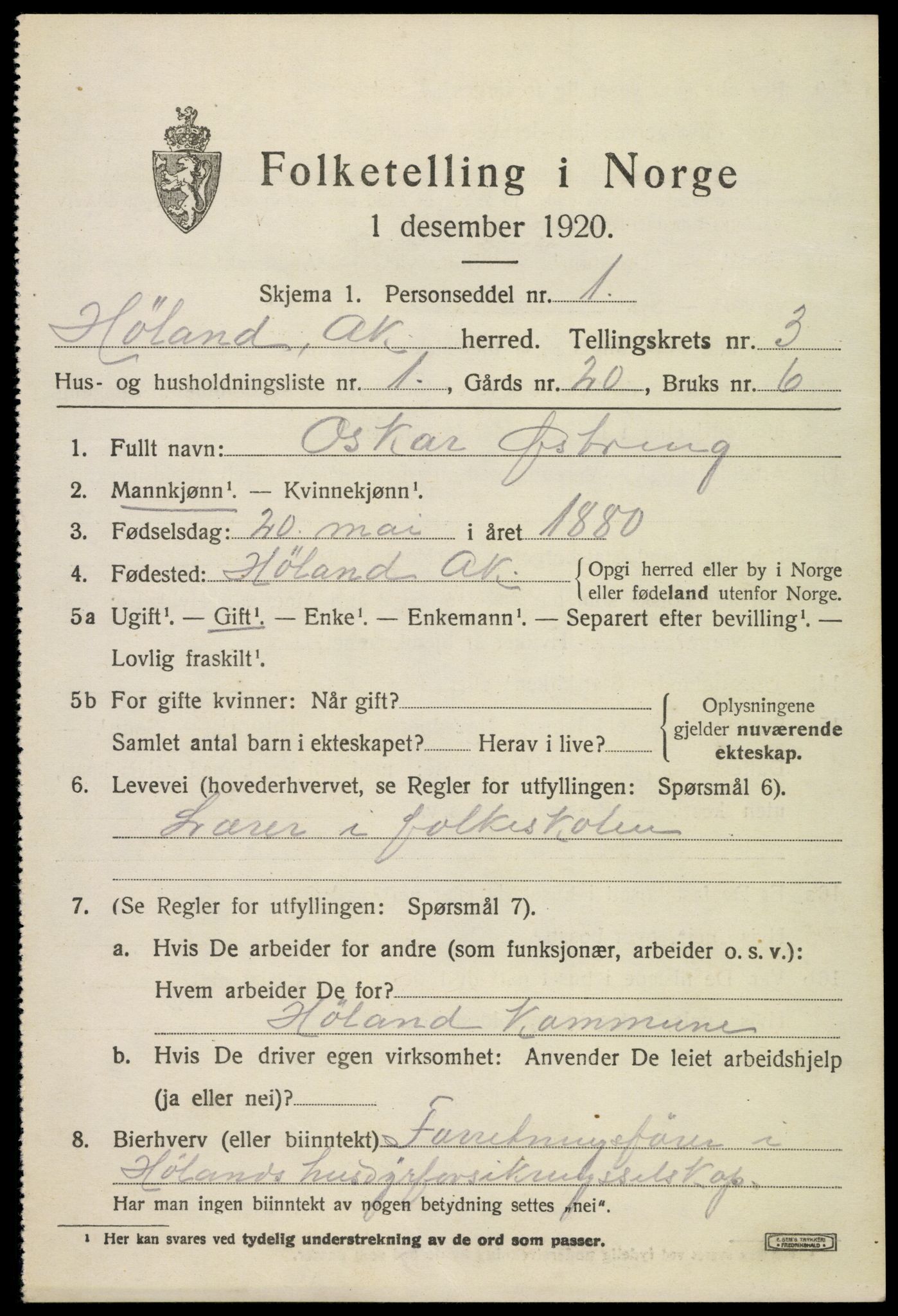 SAO, 1920 census for Høland, 1920, p. 5053